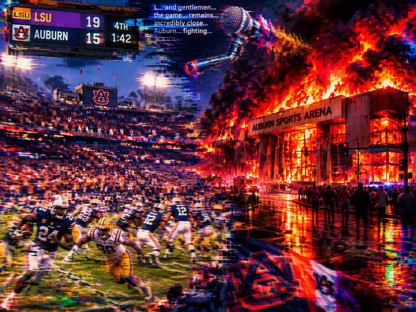 A surreal digital artwork shows Auburn's old sports arena engulfed in neon flames across the street from Jordan-Hare Stadium, where the LSU vs Auburn game plays on. Pixelated fire and melting time effects blend the burning arena and the ongoing football game, symbolizing their intertwined memories from 1996.