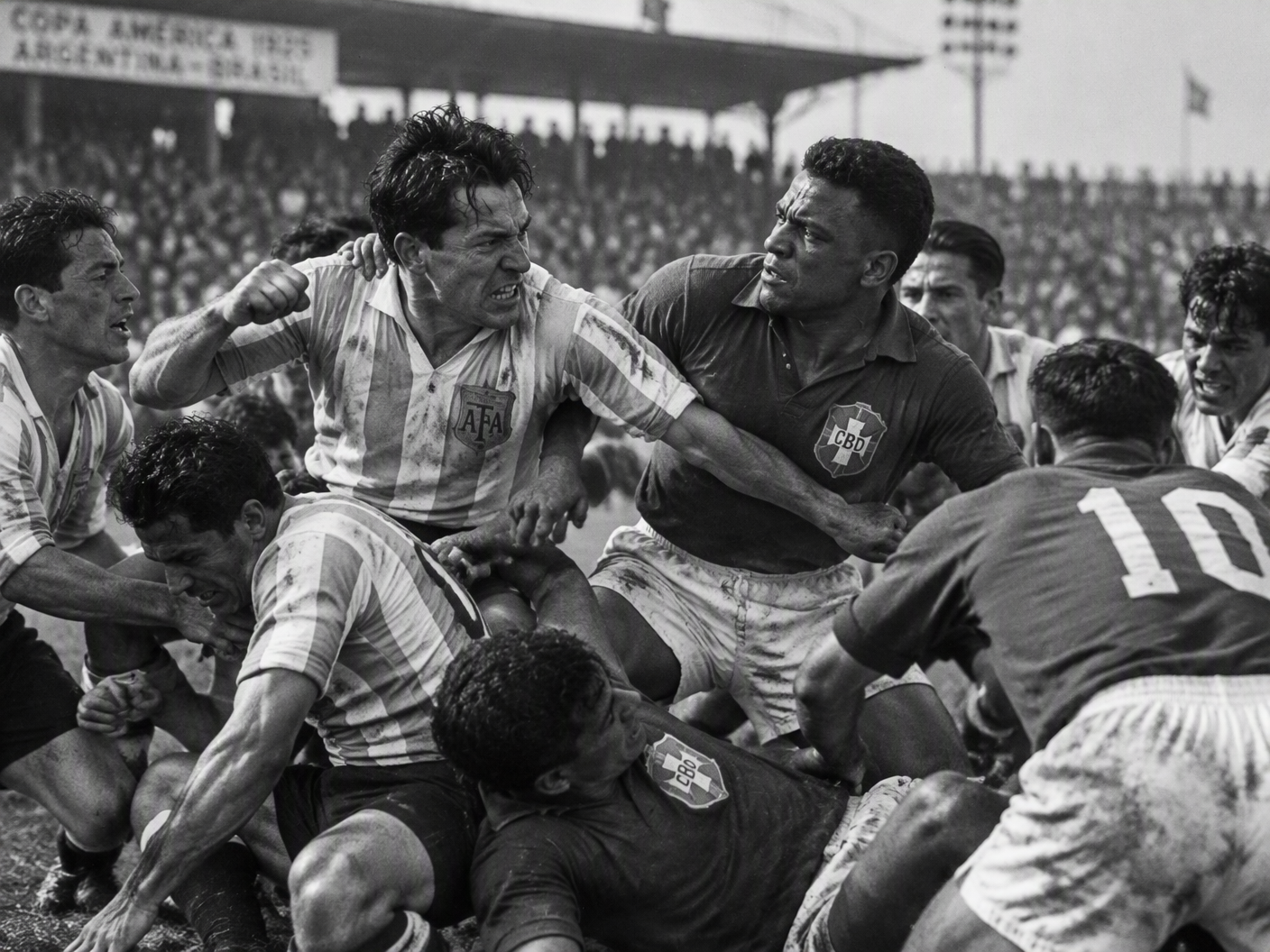 Black-and-white photo showing a cluster of Argentine and Brazilian players tangled in a heated brawl on the football pitch during the 1925 Copa América final, with intense expressions and gestures under stadium lighting at Sportivo Barracas Stadium.
