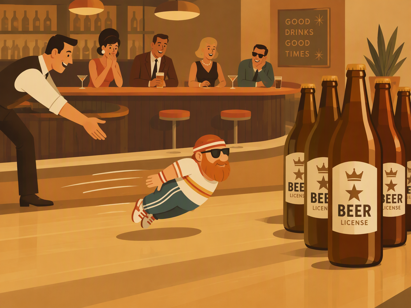 Mid-century modern style illustration of a dwarf in 1980s clothing being gently tossed like a bowling ball in a bar, aiming at bowling pins shaped like beer bottles, symbolizing Florida's ban on dwarf-tossing tied to beverage licenses.