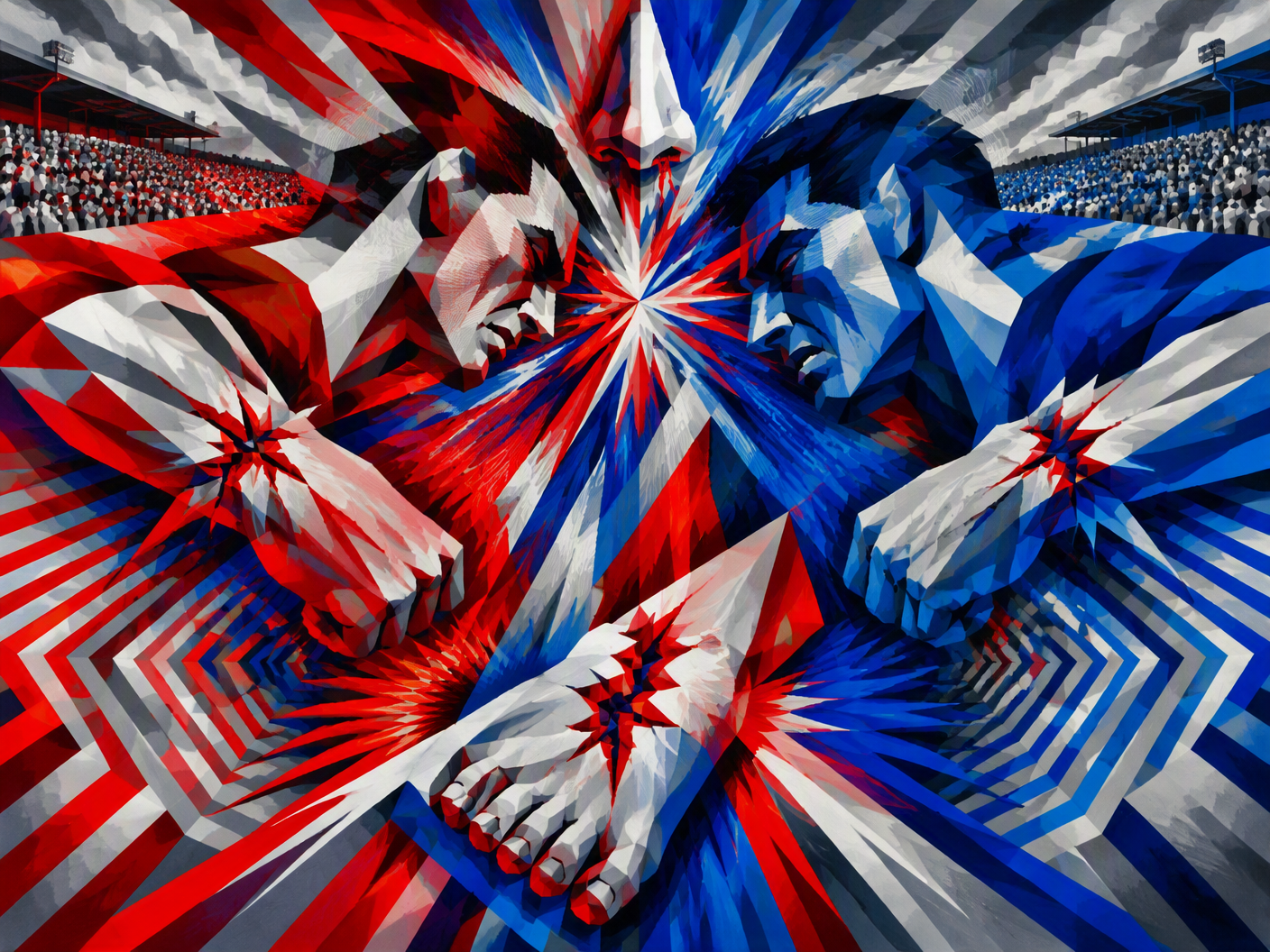 Abstract chromatic Op Art inspired image showing radiant geometric shapes in red and blue violently clashing with vibrating edges and broken limb symbols, representing the violent 1934 England vs Italy football match at Highbury Stadium under a gray sky.