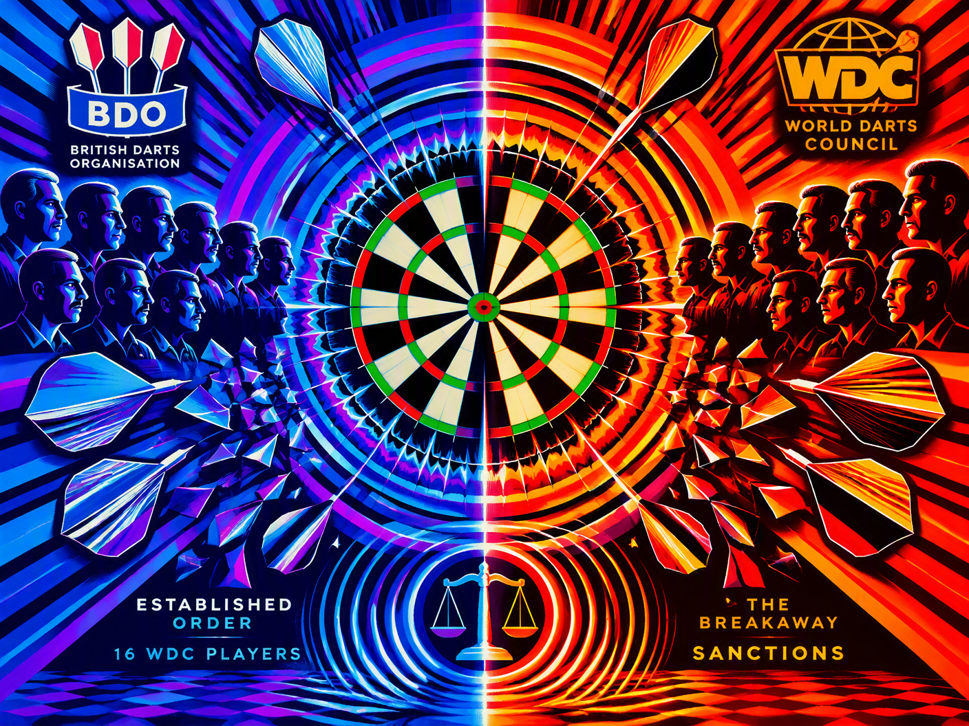 Abstract chromatic op art image showing a split dartboard with vibrant red-orange and blue-purple contrasting color fields, with concentric circles and radial lines vibrating between them, symbolizing the 1993 darts breakaway and ensuing bans.