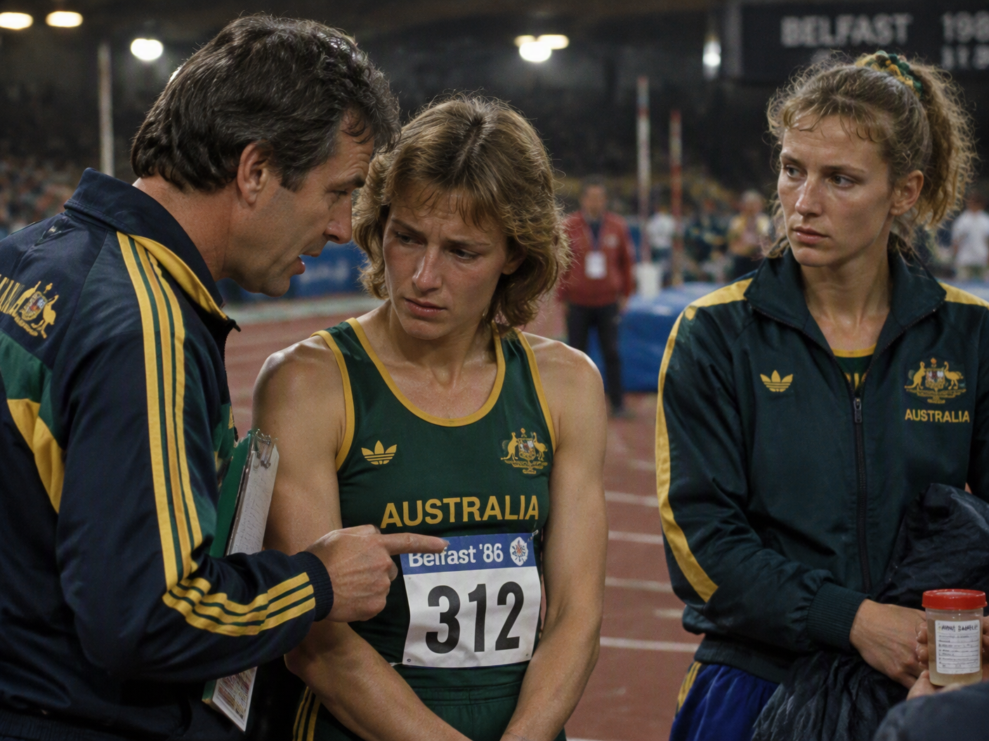 1980s intimate photo of Australian track team manager Maurie Plant speaking to athletes Jane Flemming and Sue Howland in a dimly lit Belfast stadium, capturing a tense moment symbolizing a disputed urine sample substitution request.