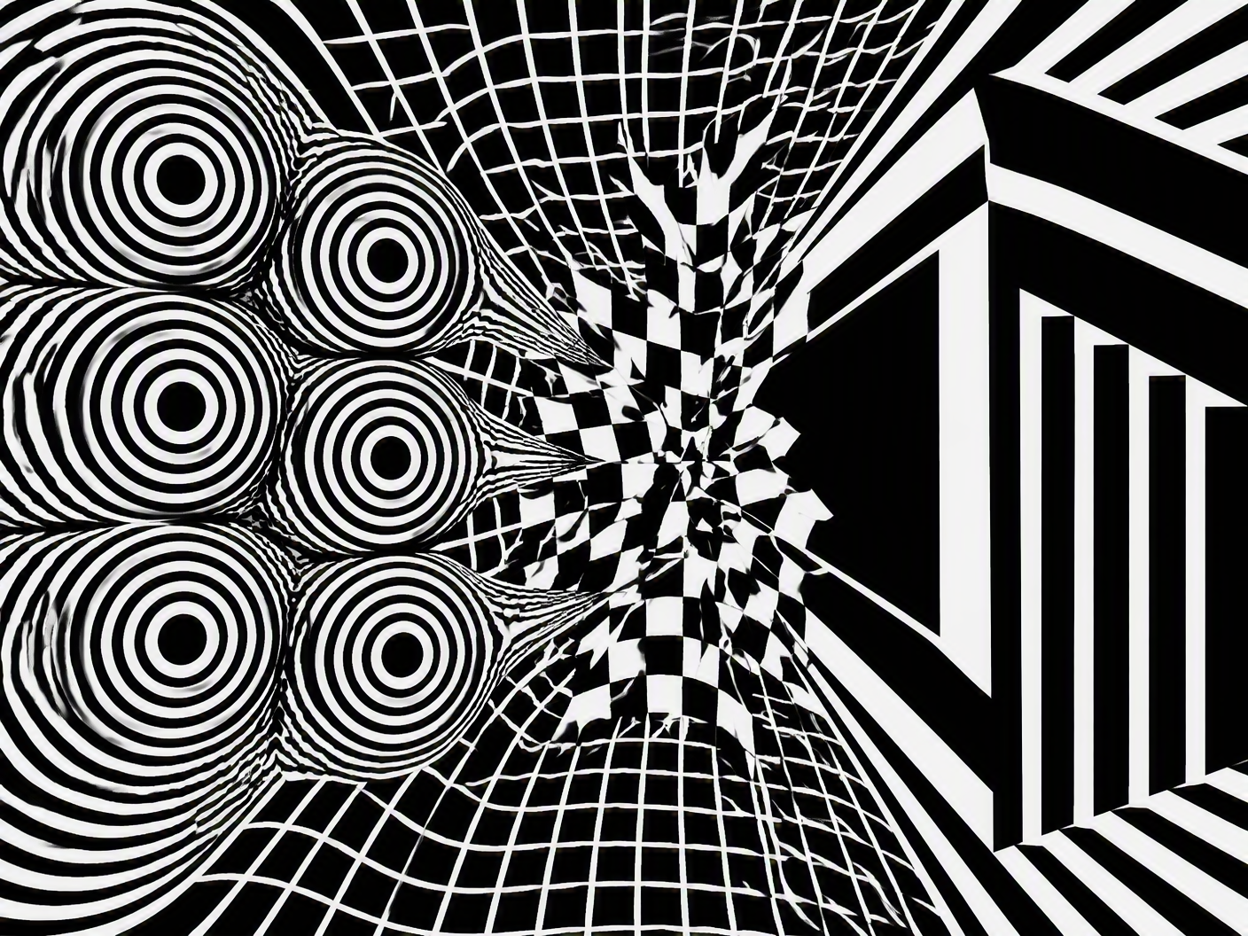 Optical art image showing six pulsating concentric circles on the left clashing with an angular geometric shape on the right across a fractured, vibrating grid, symbolizing the 1912 Australian cricket dispute and the instability of authority and unity.