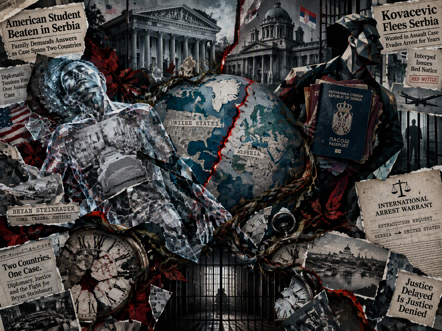 Abstract surreal collage showing two opposing human forms symbolizing the victim in coma and the fleeing assailant, fractured globe with US-Serbia border cracked, overlapped by fragmented court and prison imagery, with a muted palette and expressive textures representing pain and diplomatic conflict.