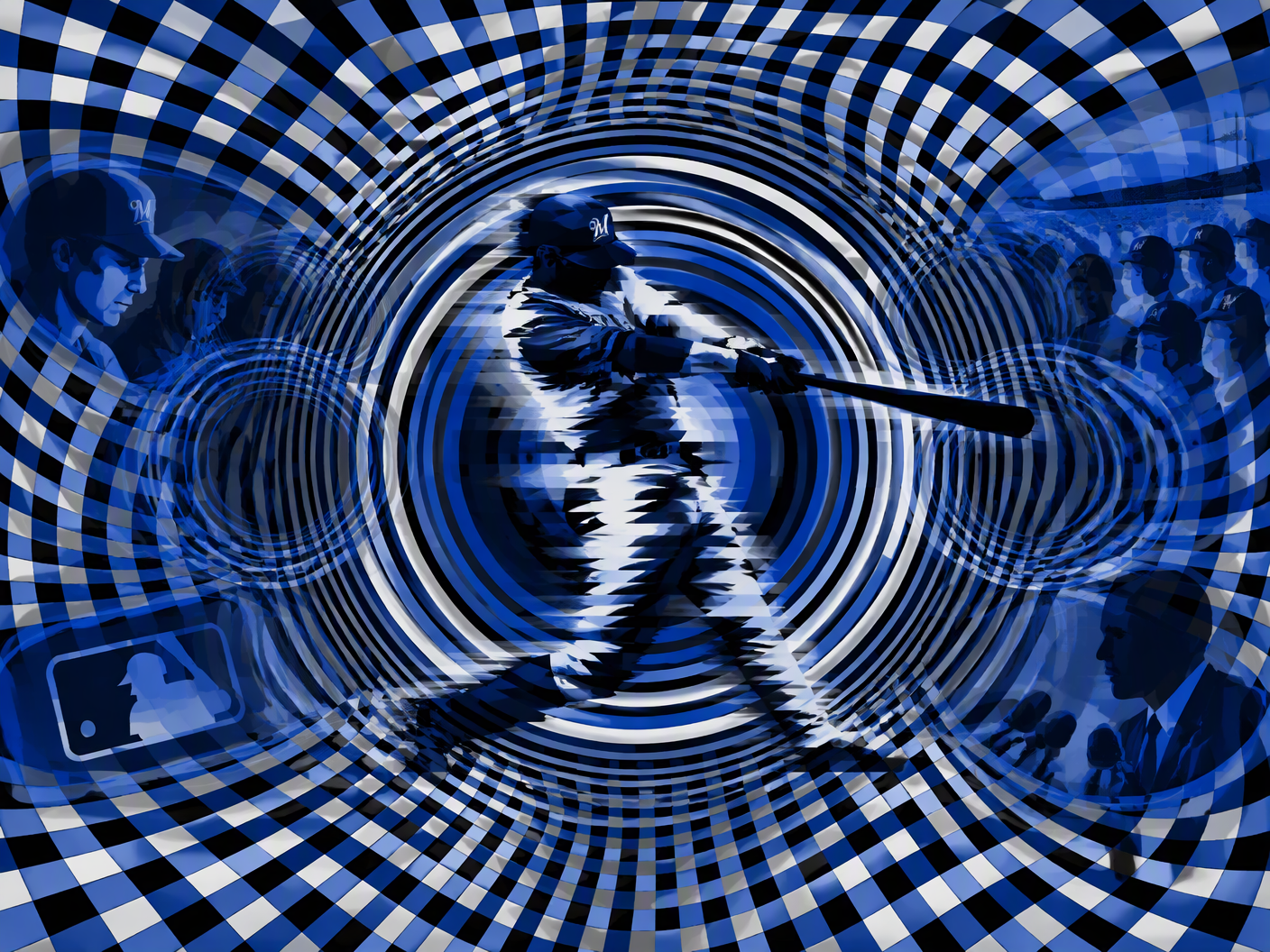 An Op Art style digital artwork showing a warped grid with a concentric vortex at center, containing a blurred abstract silhouette of a baseball player mid-swing, symbolizing Ryan Braun's fractured reputation amidst his MLB suspension, using black, white, and deep blue tones to evoke tension and somberness.