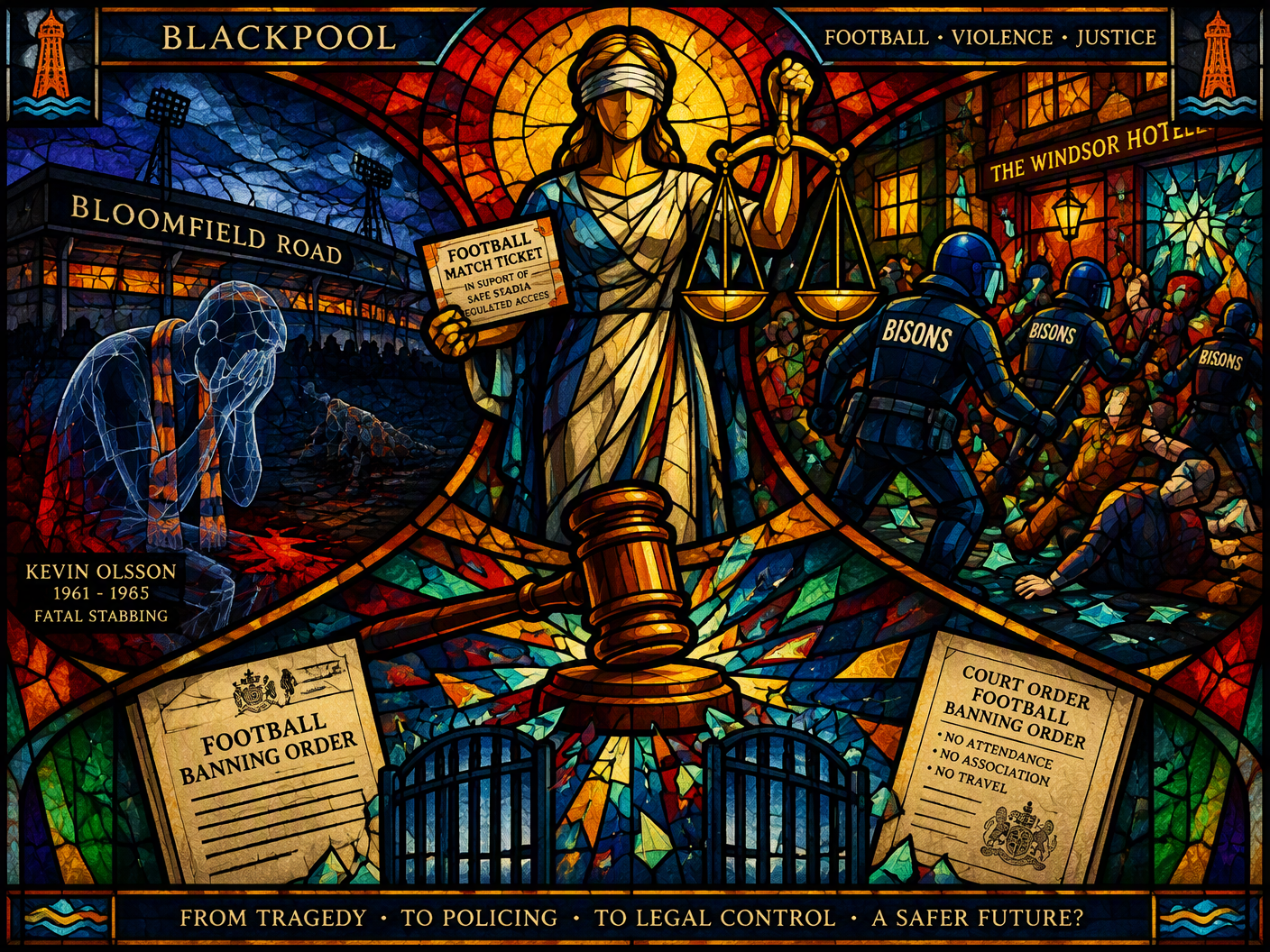 Stained-glass style artwork depicting Justice holding scales and a football ticket, flanked by scenes of a stadium stabbing, riot police dispersing a pub fight, and a gavel with barred gates, symbolizing Blackpool football violence, arrests, and banning orders.