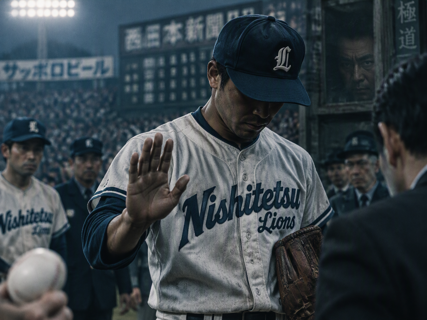 1960s Japanese baseball player for Nishitetsu Lions, viewed under stadium lights with a serious expression, surrounded by blurred figures and shadows symbolizing corruption and scandal.