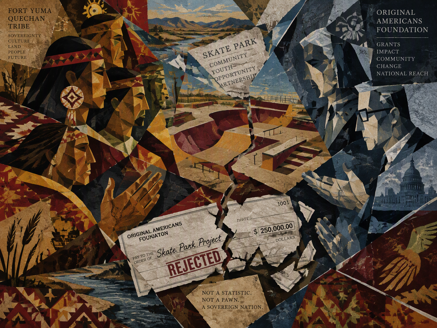 Cubist collage showing fragmented planes of tribal leaders and foundation representatives separated by shattered shapes, with an incomplete burgundy and gold skate park at the center, symbolizing the Quechan Tribe's refusal to accept funding tied to political causes.