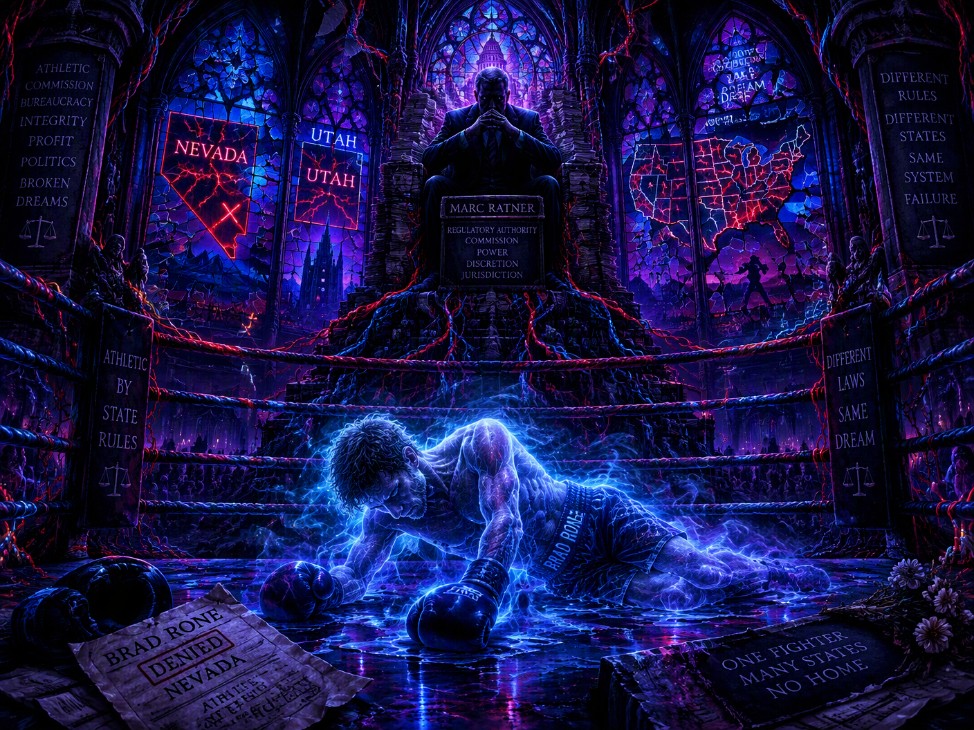 An ornate gothic neon cathedral housing a dystopian boxing ring where a spectral boxer collapses mid-fight under harsh neon light. Opposite stands a shadowed commissioner figure on a throne of regulatory wires and papers. Stained glass windows behind show glowing fractured maps of Nevada and Utah, symbolizing divided boxing jurisdictions and tragic bureaucracy.