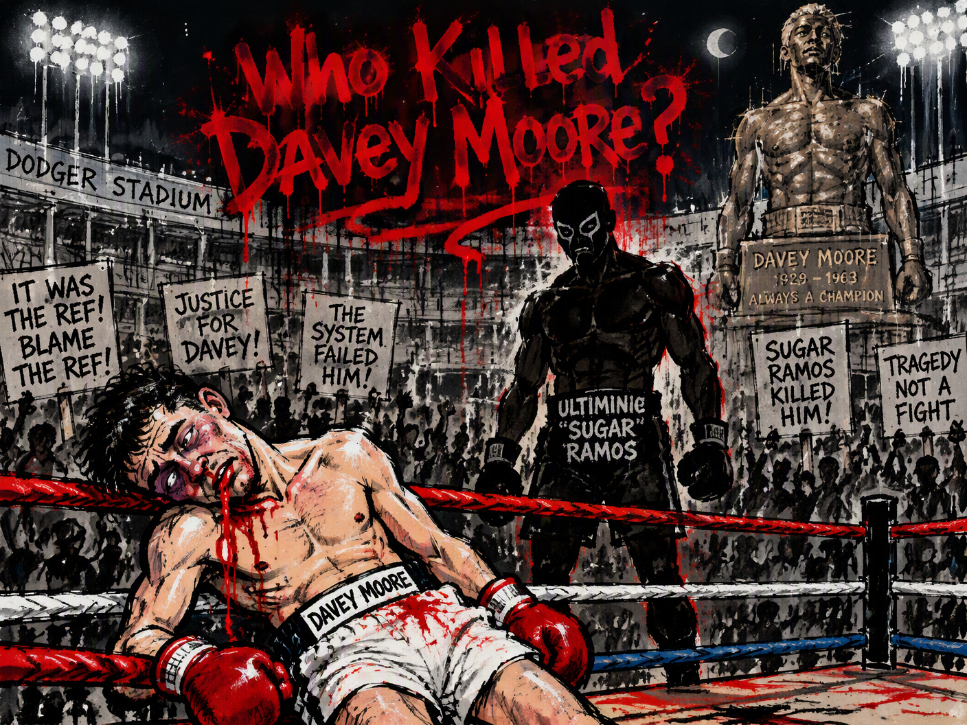 Urban pop art drawing of Davey Moore leaning weakly against the bottom rope in a boxing ring at Dodger Stadium, bleeding from a neck injury, with shadowy figure of opponent Sugar Ramos opposite him, graffiti text 'Who Killed Davey Moore?' overhead, angry crowd around the ring, and a rough bronze statue of Moore in the background.
