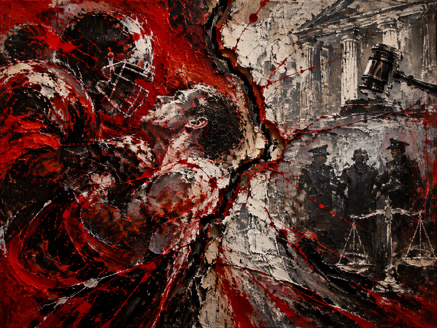 Abstract painting with aggressive red and black paint strokes, a central jagged split revealing gray layers beneath, symbolizing a violent injury and the raw tension of a football incident escalating into a criminal case.