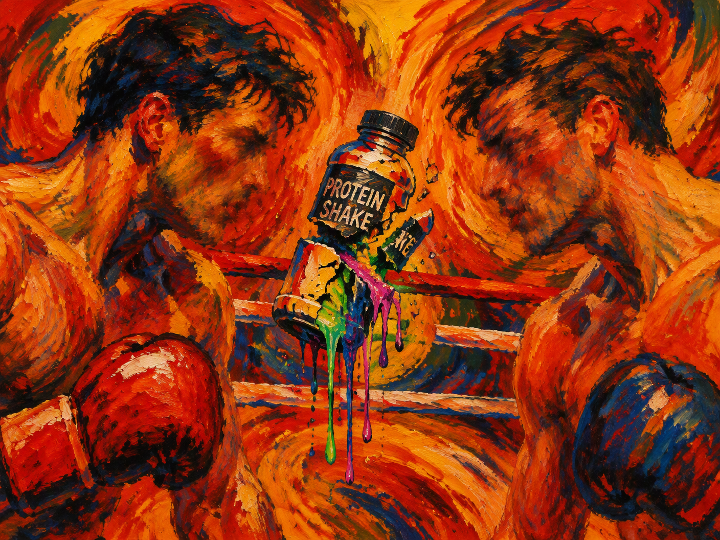 Expressionistic painting of two men representing Kid Galahad and his brother in a boxing ring, their faces abstract and tense with emotion. Between them, a broken protein shake bottle drips vivid colors symbolizing betrayal and a spiked drink, rendered with warm reds and oranges in broad, distorted brushstrokes.