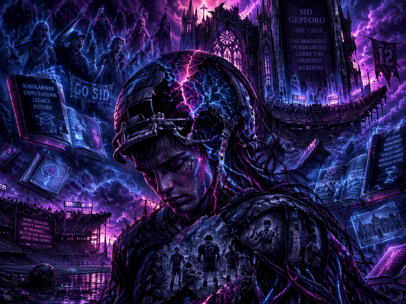 Gothic neon fantasy image of a fractured football player figure with glowing cracks in his helmet, surrounded by spectral fans and floating history books in a dystopian, cathedral-like stadium under neon clouds.