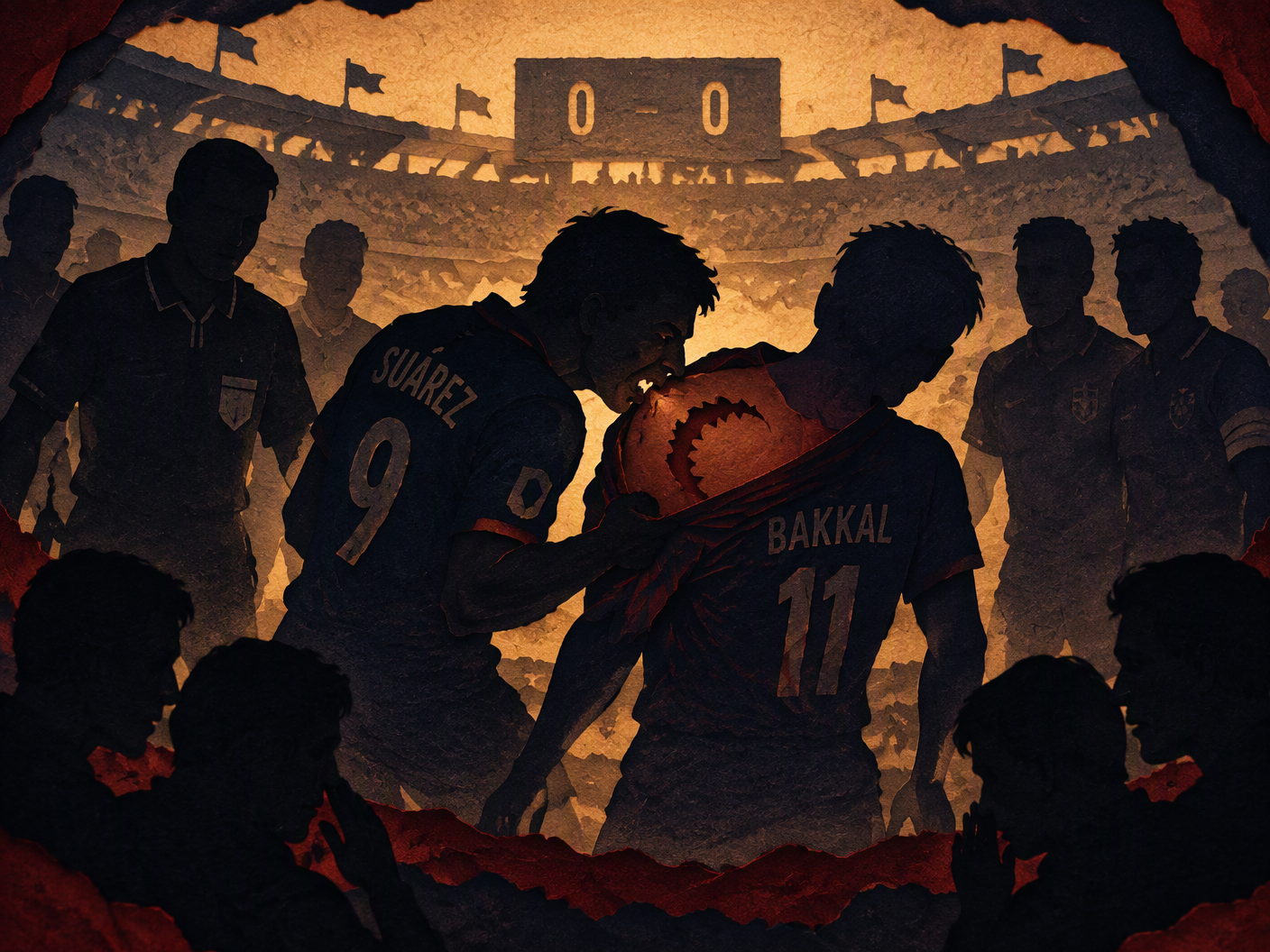 Silhouette cut-paper art showing two footballers in a surreal moment of one biting the other's shoulder, with shadowy referees and a stadium backdrop symbolizing missed justice and consequences.