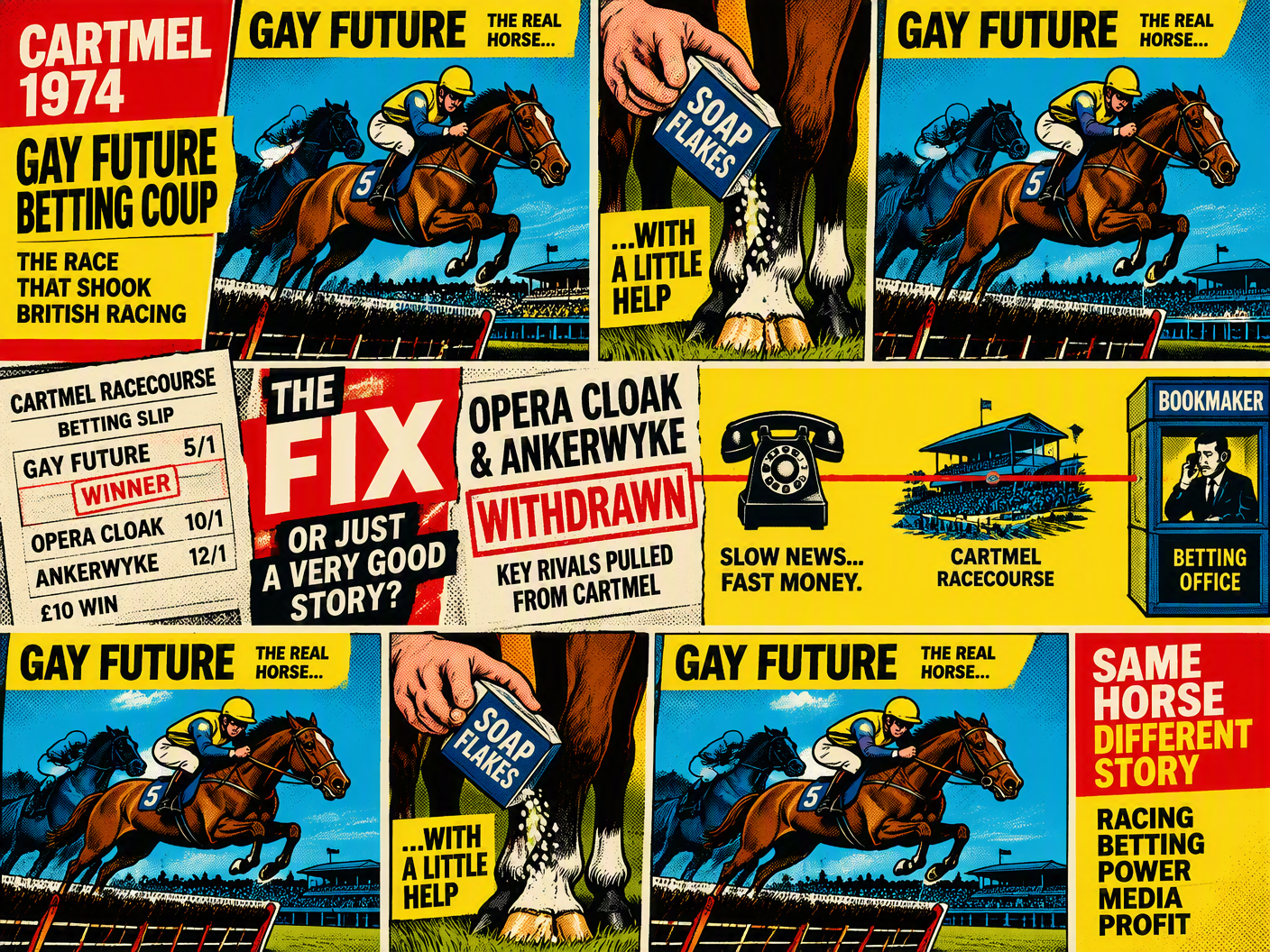Pop art style image showing racehorse Gay Future clearing a hurdle in repeated panels, a shadowy lookalike horse behind, a hand applying soap flakes to horse’s legs, betting slips with withdrawn horse names, and a vintage telephone linking racecourse to bookmaker, all in bold 1970s colors and graphic screen-print style.