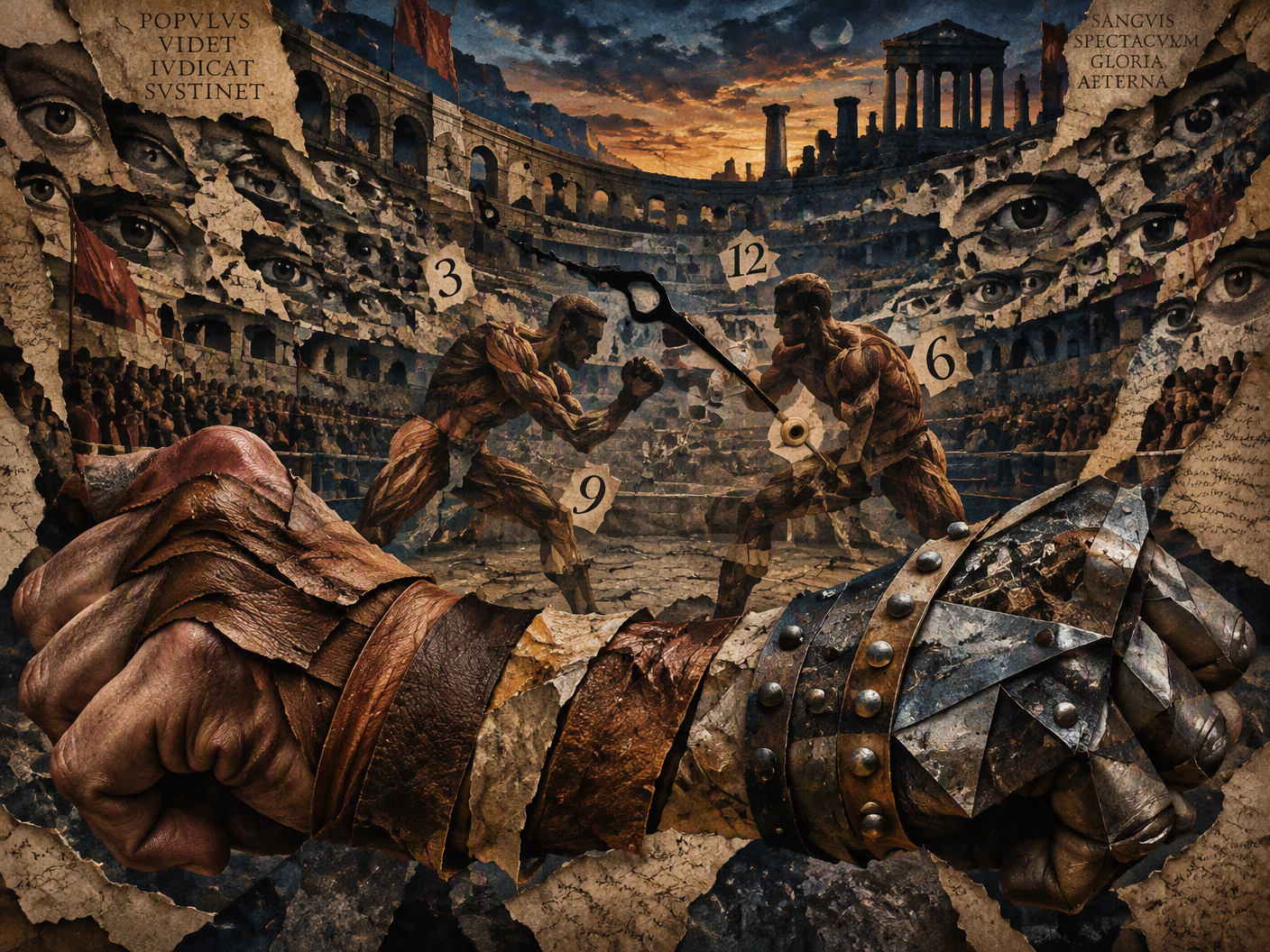 Surreal collage showing layered hands evolving from soft leather wraps to studded metal gloves, set against abstracted Roman amphitheatre shapes and fragmented numbers symbolizing boxing punches, blending organic and geometric elements in muted earth tones and steel gray.