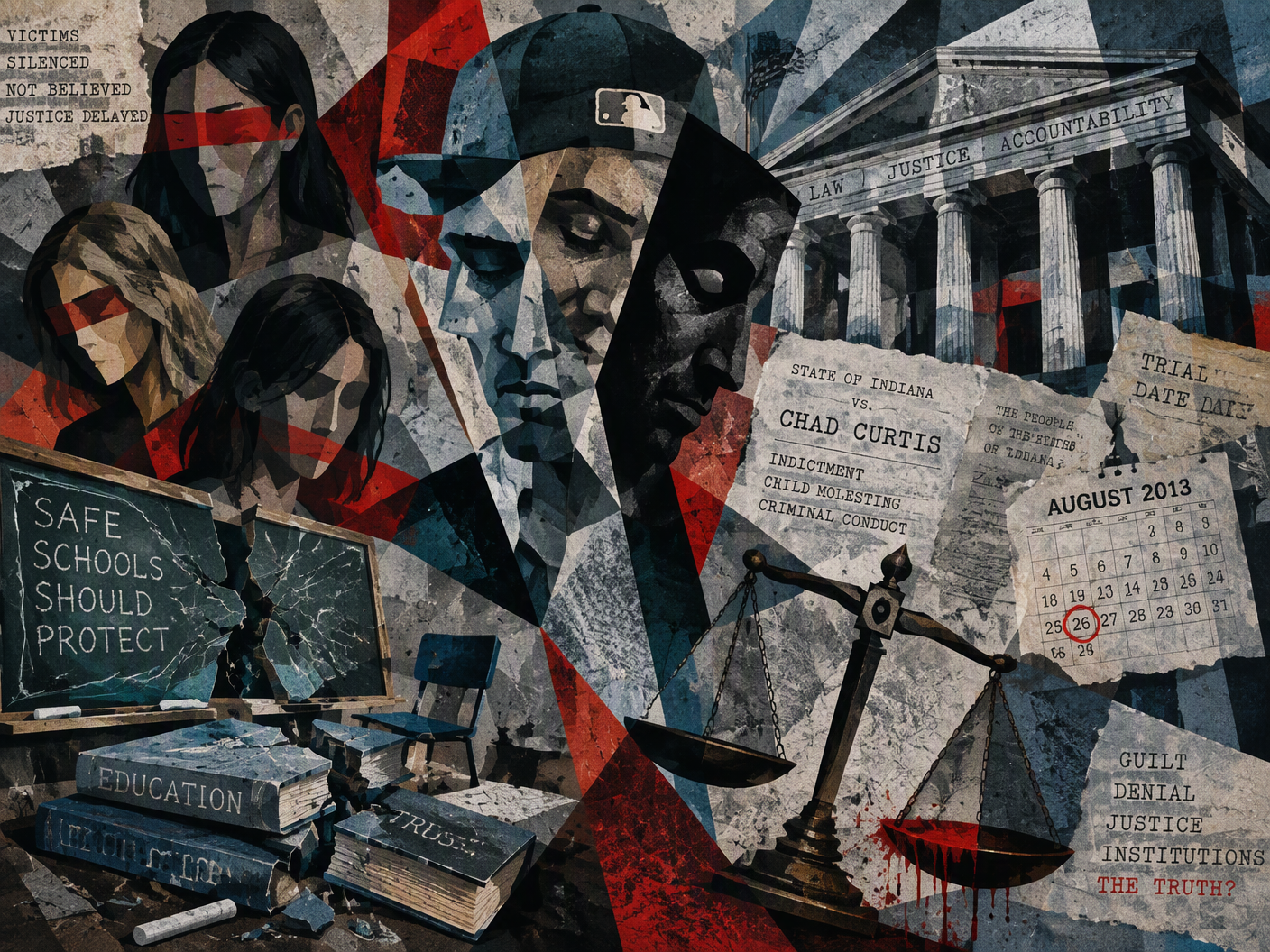 Cubist illustration showing fragmented overlapping profiles of Chad Curtis and symbolic victim figures, abstract courthouse elements, and broken school symbols in muted cold tones with red highlights, conveying legal and moral collapse.