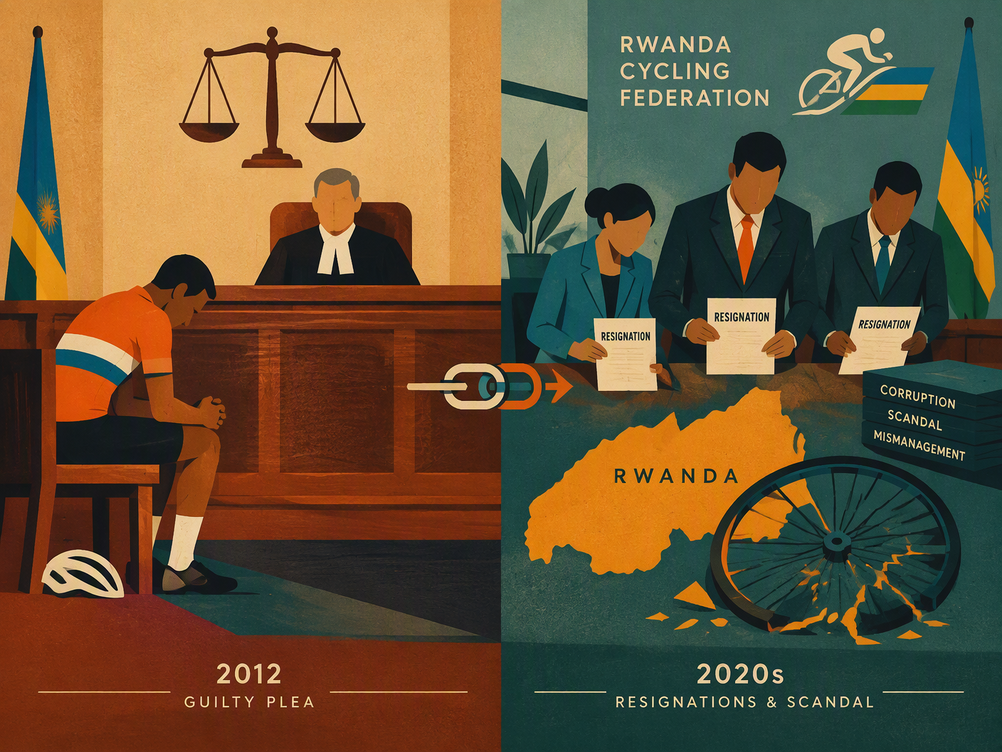 Mid-century modern illustration showing a courtroom with a cyclist pleading guilty on the left and a cycling federation office with resigning officials and a broken bicycle wheel on the right, symbolizing Jonathan Boyer's legal case and later accusations against Rwanda's cycling federation.