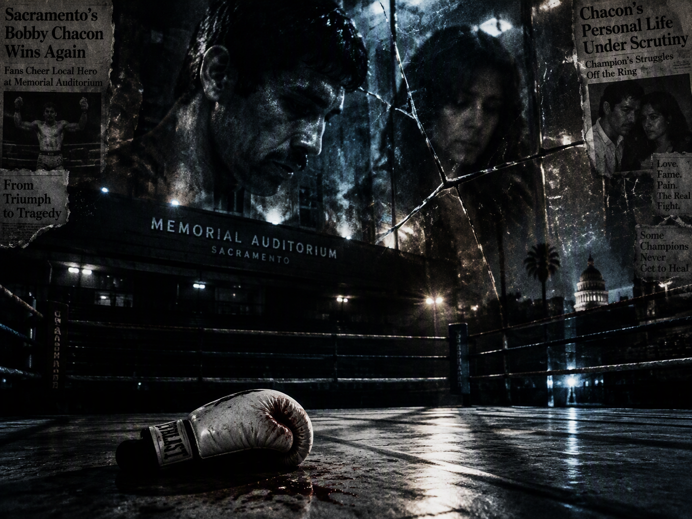 Empty boxing ring in heavy shadows with a single bloodstained glove resting on the canvas; ghostly, fading silhouette of a man merges with an indistinct female figure in cracked window reflections, symbolizing the intertwining of Bobby Chacon’s championship and his wife Valorie’s tragic death.