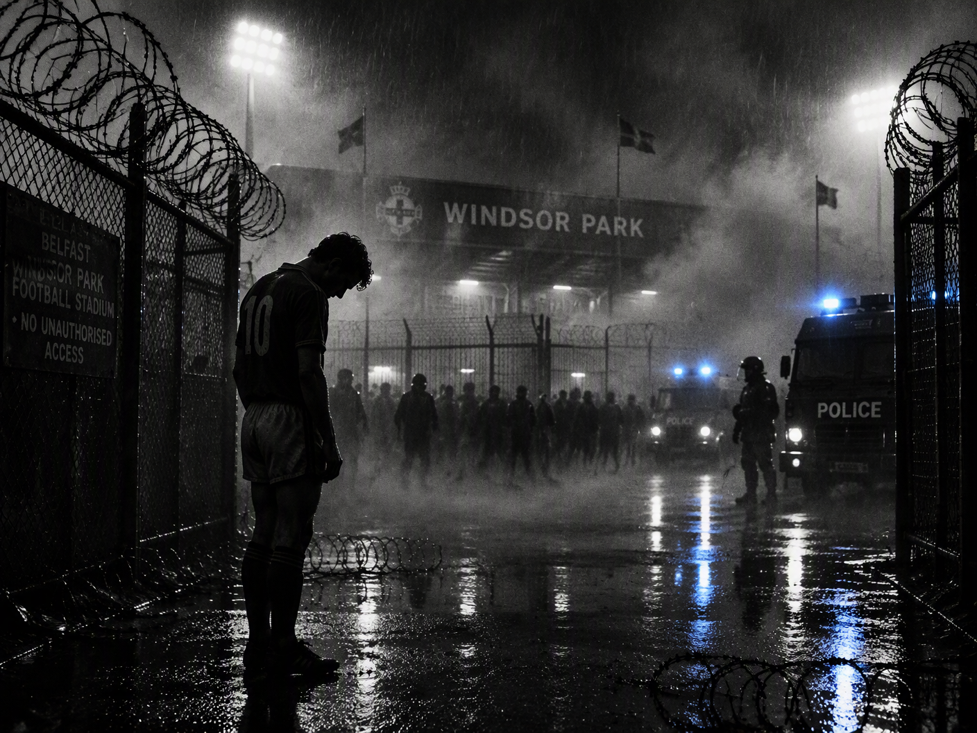 Black-and-white image of a solitary footballer silhouetted outside Belfast’s Windsor Park at night, surrounded by barbed wire fences and police lights under heavy rain and fog, symbolizing the political and security tensions that led to abandoned matches in the 1980–81 British Home Championship.
