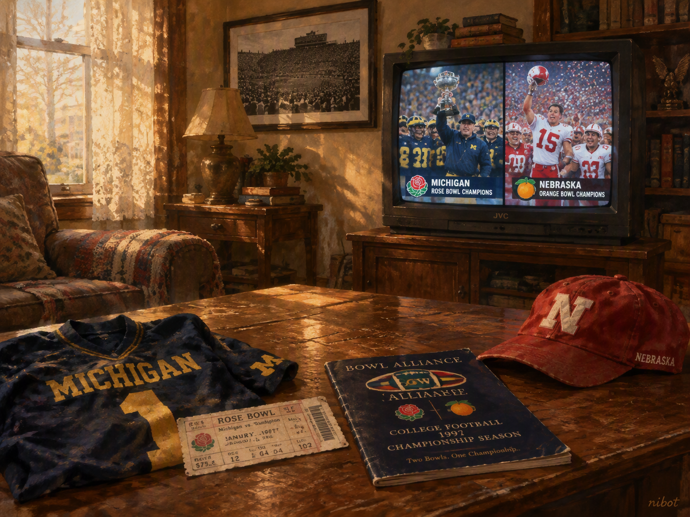 A warm, nostalgic living room bathed in afternoon light, showing a vintage TV with split-screen of Michigan Rose Bowl and Nebraska Orange Bowl celebrations, surrounded by 1997 college football memorabilia representing the split national championship.
