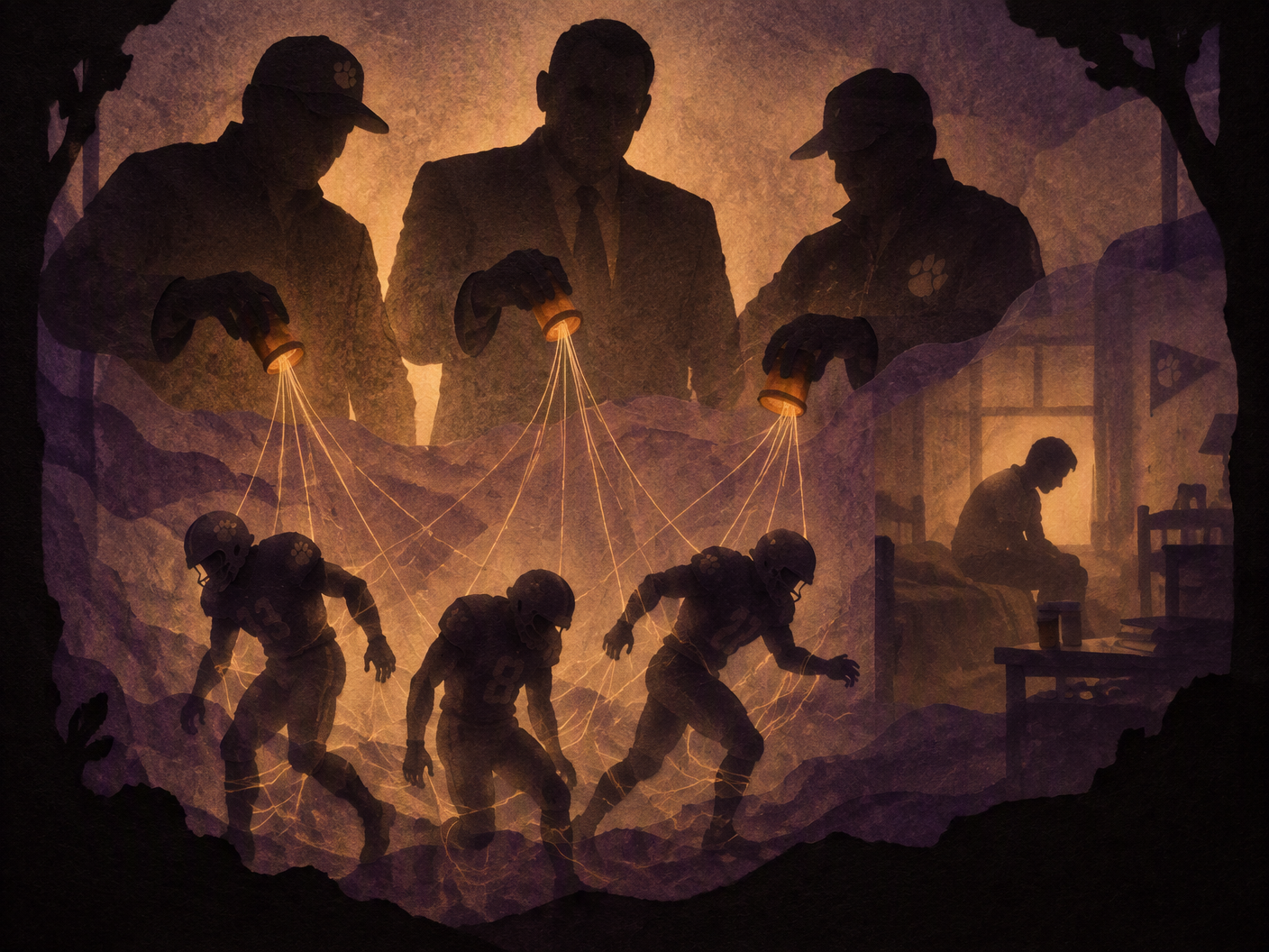 A layered paper silhouette scene shows three shadowy coaches holding prescription bottles like puppeteers, controlling athletes as marionettes below, with a ghostly dorm room figure symbolizing the deceased athlete; the image uses dark purples, black, and amber tones with backlit shadows creating a mysterious, fairy-tale atmosphere.