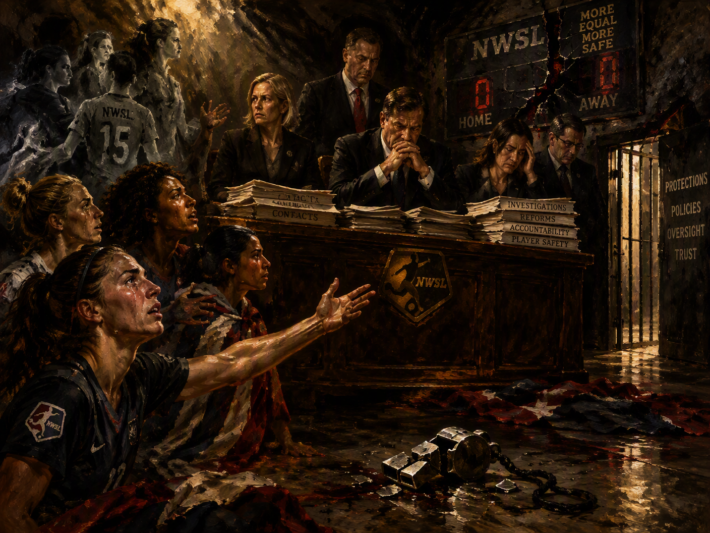 A textured painted office scene shows anonymous player folders, policy pages, sealed envelopes, and a red telephone beneath a stopped midnight clock.