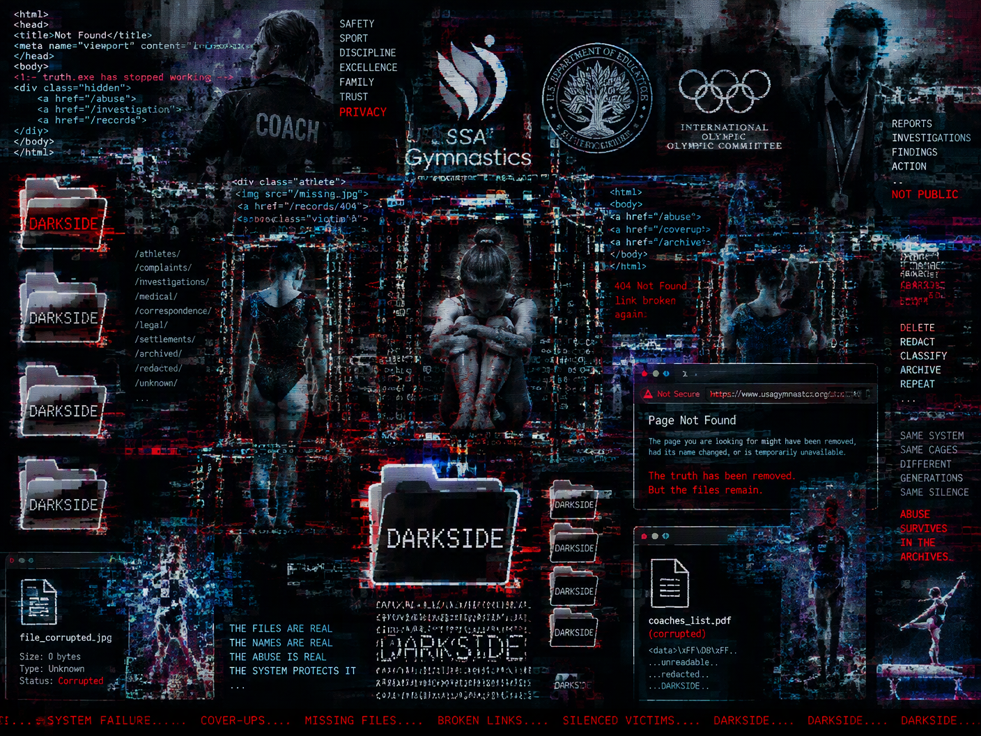 Glitch art image showing ghostly young gymnasts trapped within pixelated cages made from broken HTML code, overlaid with corrupted file folders stamped with a flickering DARKSIDE watermark, symbolizing USA Gymnastics’ internal failure to act on abuse complaints over decades.