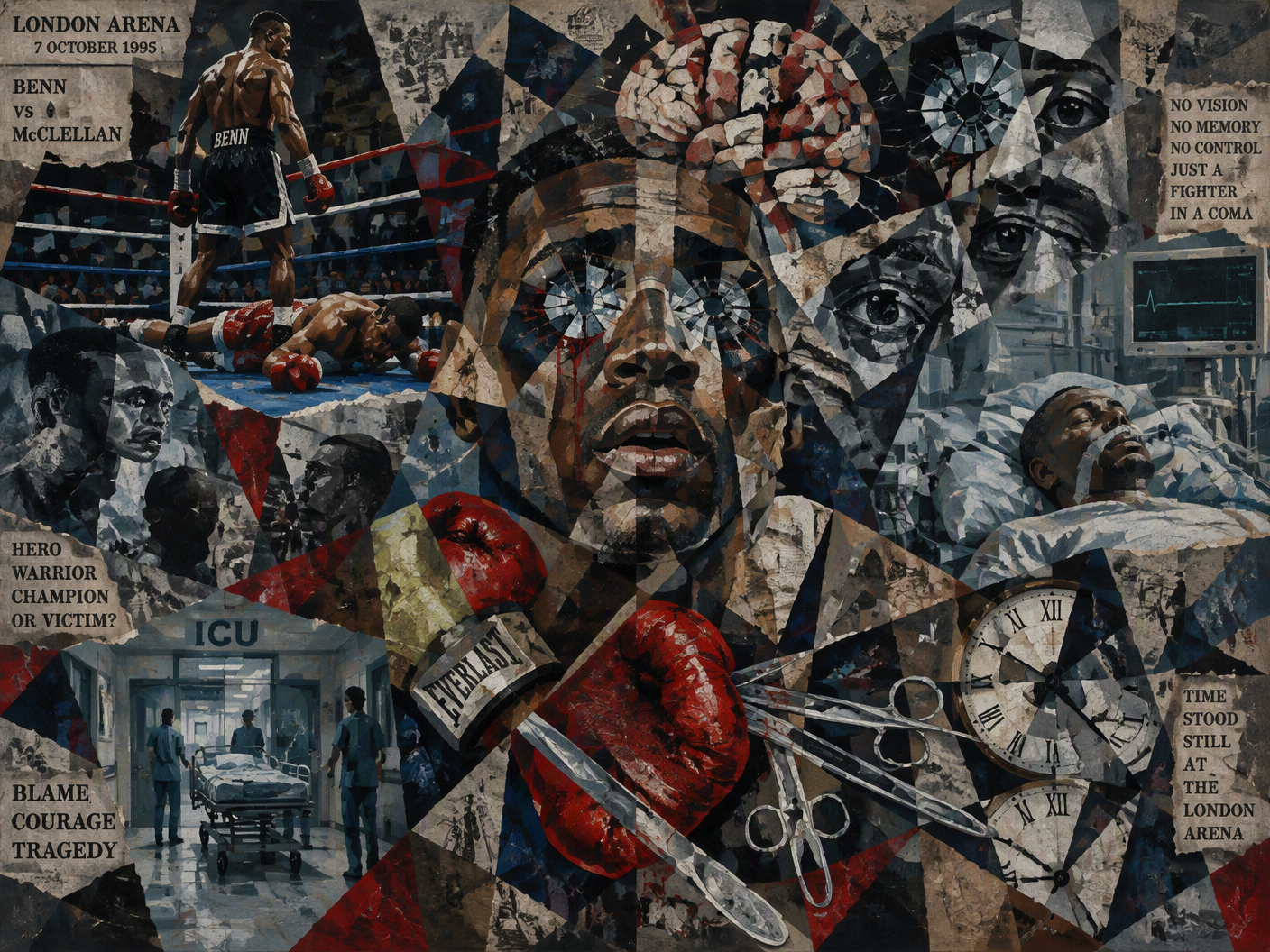 Abstract Cubist painting showing fractured shapes symbolizing blindness, disjointed limbs, and a shattered brain, merging boxing and hospital imagery to portray Gerald McClellan’s knockout injury and lasting impairments after the 1995 fight.