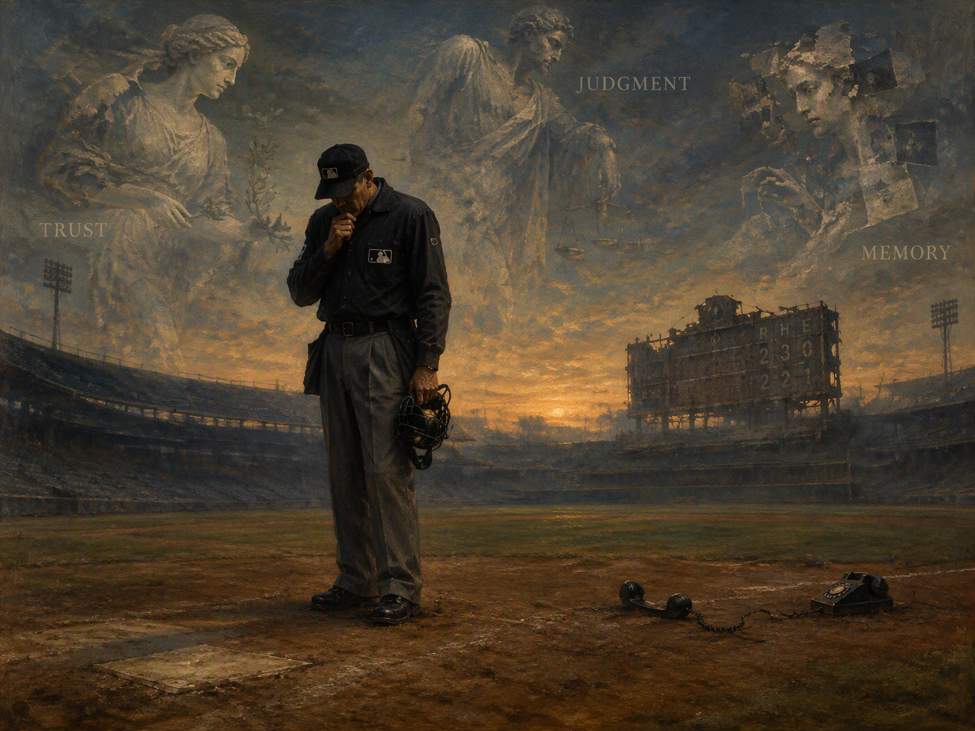 Surreal image of a lone baseball umpire in classical style, standing on an empty field under a muted sky, surrounded by ghostly figures symbolizing trust and judgment, with a broken scoreboard and telephones representing the confidential call dispute.