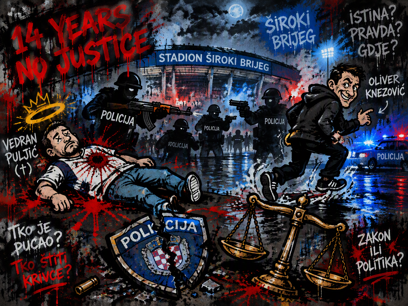 A crude cartoon-style chaotic night street scene outside a stadium showing a bleeding victim figure symbolizing Vedran Puljić, a slippery suspect escaping amidst shadowy police officers, clashing weapons labeled AK-47 and police pistol, graffiti reading ‘14 YEARS NO JUSTICE,’ and broken scales of justice, all rendered in rough marker lines and spray paint textures to evoke mistrust and ongoing legal confusion.