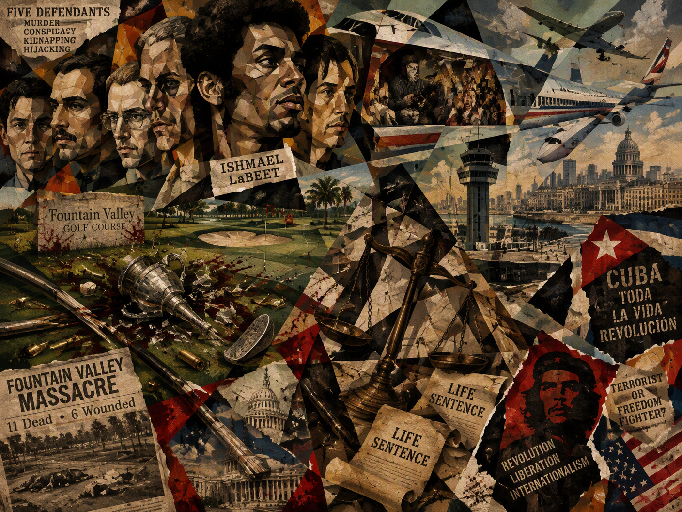 Cubist collage showing fragmented faces of Fountain Valley defendants, a shattered golf course scene, an airplane mid-hijacking with Havana skyline beyond, broken scales of justice, and torn legal documents, all rendered in fractured planes with earth tones and red accents.