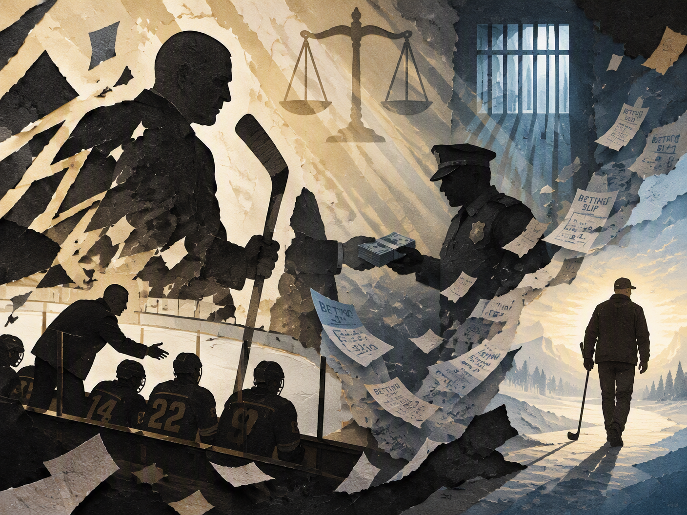 Silhouette cut-paper art showing a hockey coach holding a stick, shadowed by a police officer figure exchanging money, with symbolic scales of justice and prison bars overhead, all staged like a shadow theatre with layered light and muted gold and blue tones.