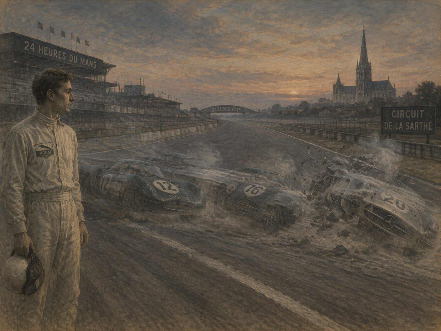An empty, muted-toned race track at dusk shows a lone 1950s racing figure standing thoughtfully amid ghostly, overlapping silhouettes of vintage cars involved in a fatal crash. A distant cathedral spire rises solemnly beyond, symbolizing mourning and memory.