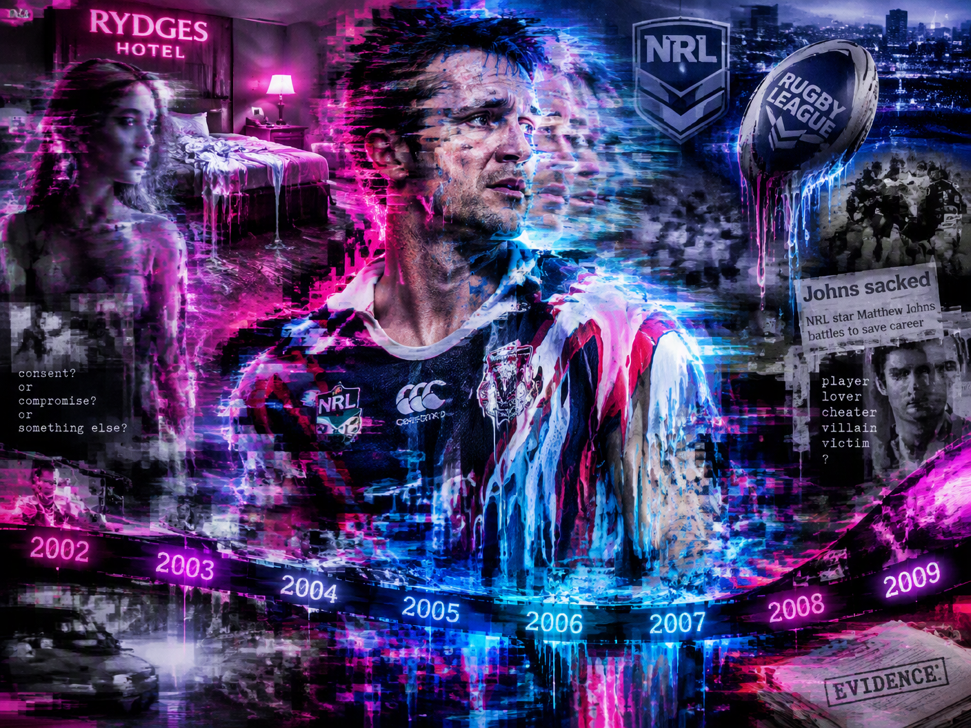 A surreal digital artwork of a melting, pixel-displaced figure representing Matthew Johns, fragmented and blurred between 2002 and 2009. Behind him, a distorted hotel room and fractured rugby league symbols dissolve into a corrupted timeline. A ghostly female silhouette emerges faintly, evoking fractured memories and the instability of personal and public narratives in the scandal.