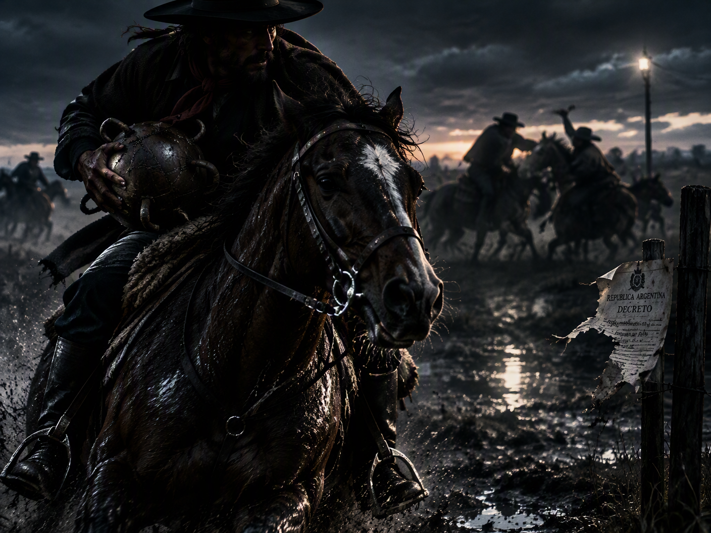 A gaucho on horseback in dim light tightly grasps a multi-handled ball as other horsemen’s shadows blur violently behind him on a muddy Argentine plain, symbolizing the transformation of a chaotic horse game into a regulated national sport.