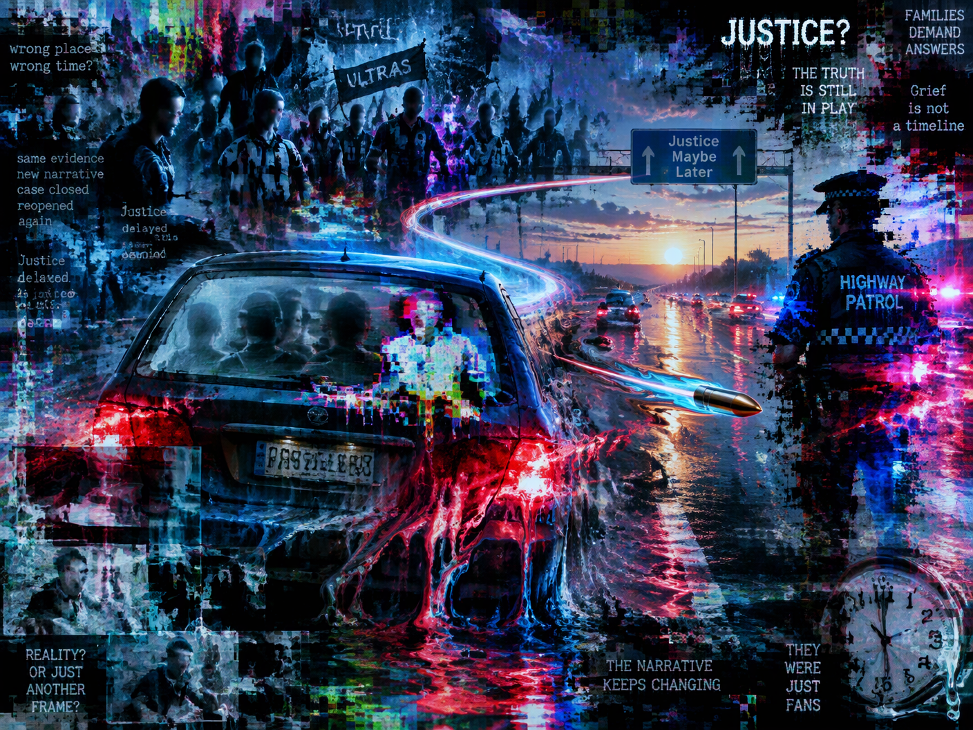 Neon-distorted, melting motorway scene with a ghostly car and blurred figures, a fragmented police officer silhouette dissolving into glitchy lights, and a fractured crowd fading into digital noise, symbolizing distorted memory and shifting justice after Gabriele Sandri’s shooting death.