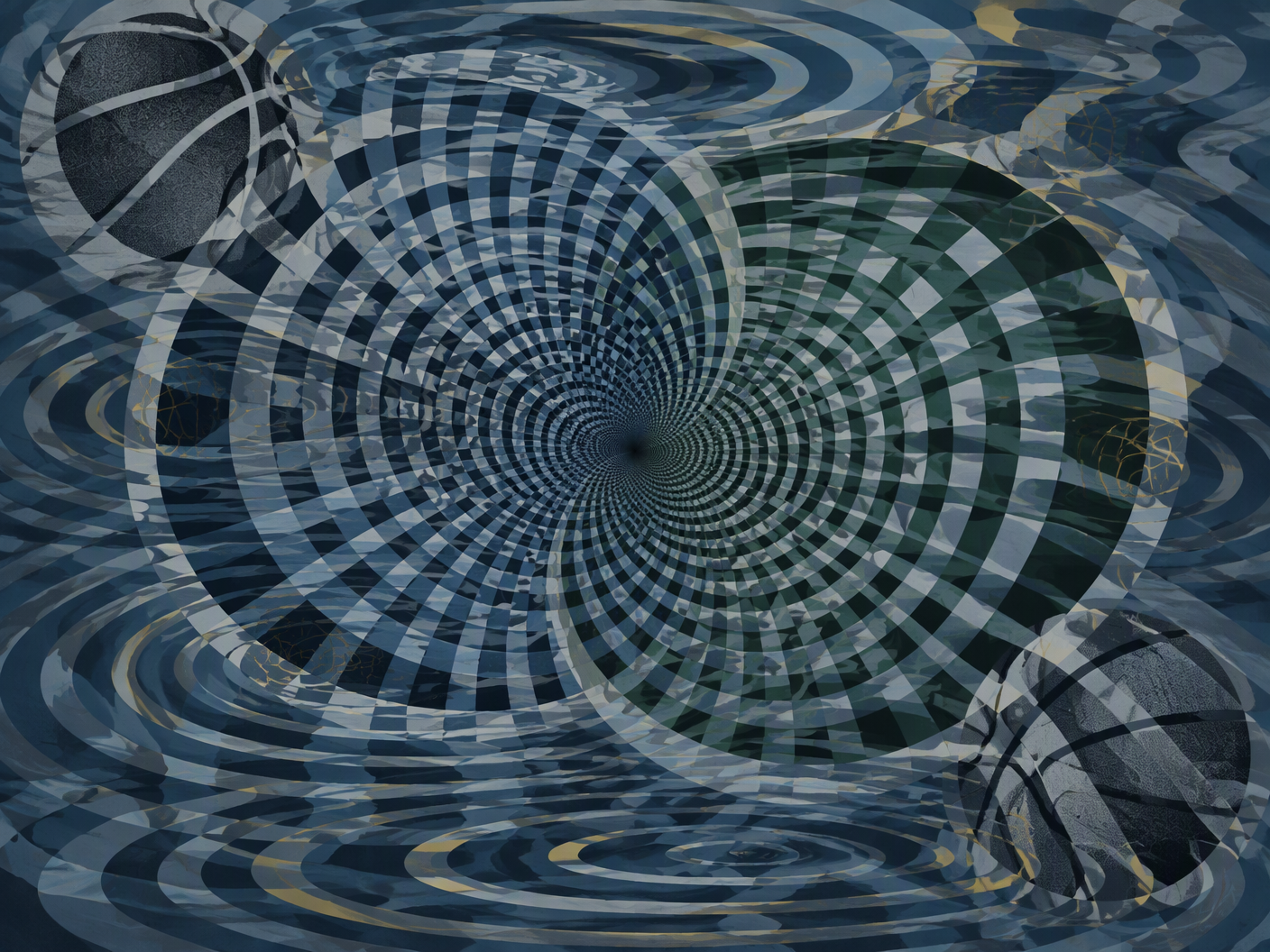 Abstract Op Art image with two spiraling, warped concentric grids and rippling circles symbolizing water currents and basketball forms, rendered in muted blues and grays with subtle green and gold accents, conveying the instability and tragedy of two basketball players drowning.
