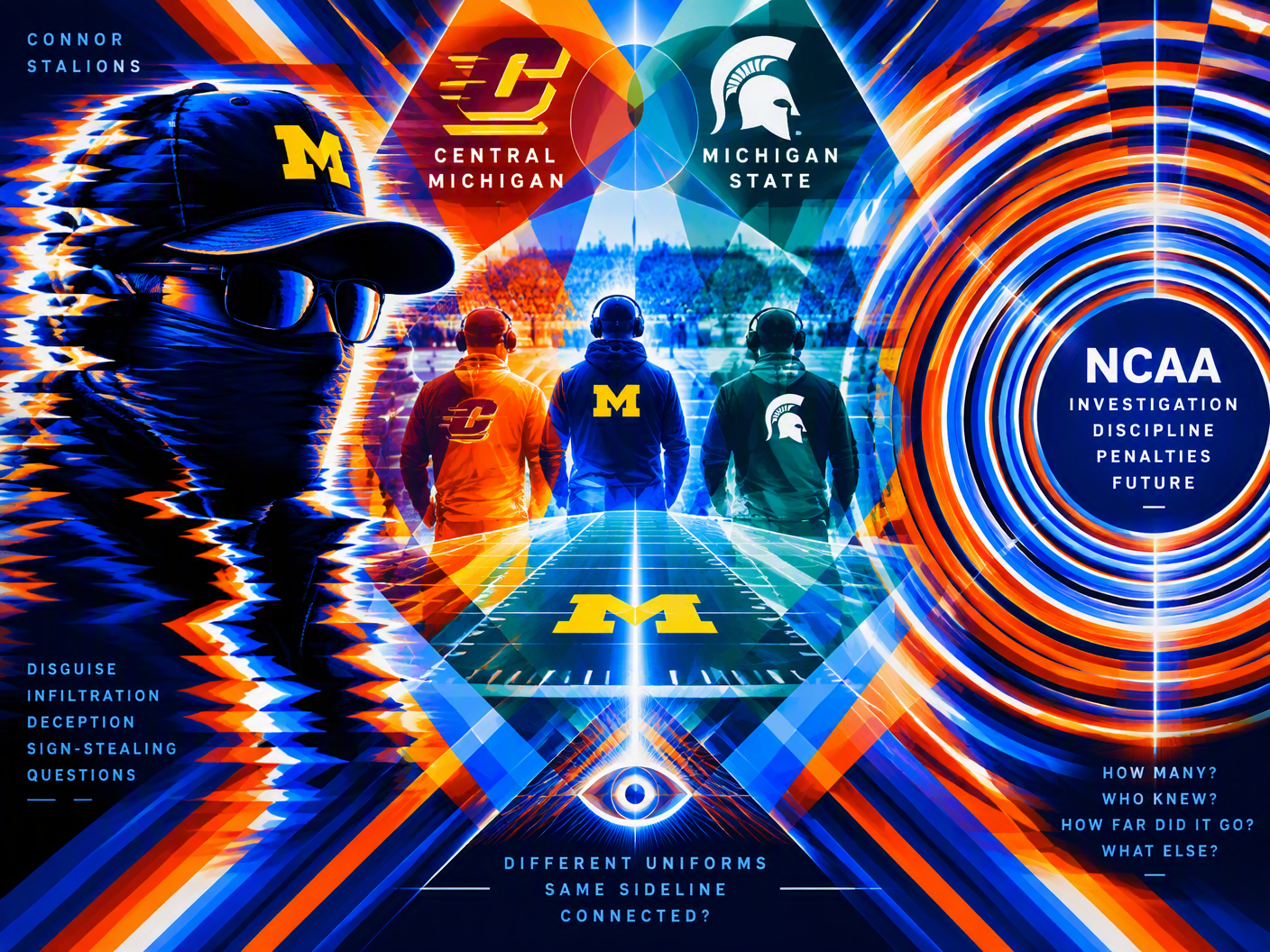 Abstract Chromatic Op Art image showing a tripartite composition with a disguised figure on the left, a glowing geometric football sideline scene in the center, and concentric pulsating circles on the right, representing the secretive acts, institutional complexity, and investigative pressure of the Michigan football sign-stealing scandal.
