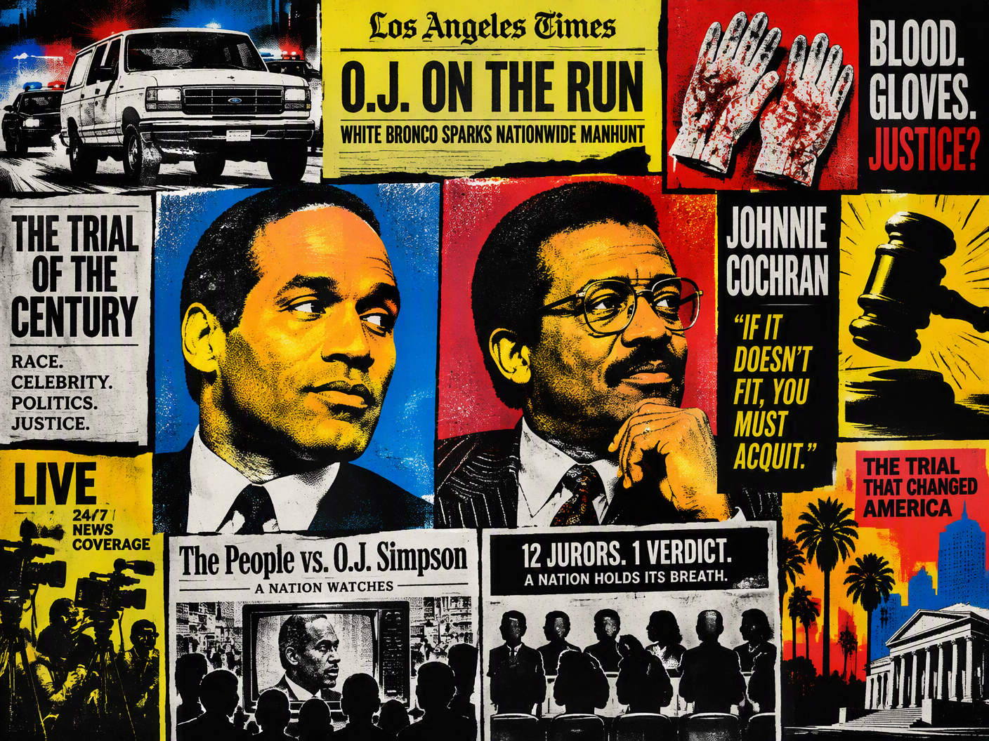 Pop Art style composite image showing O.J. Simpson and Johnnie Cochran portraits, a white Ford Bronco police chase, blood-stained gloves, a judge’s gavel, and juror silhouettes, all arranged in repeated screen-print panels with bold red, black, white, and yellow colors to evoke the media spectacle and racial-political tensions of the Simpson trial.