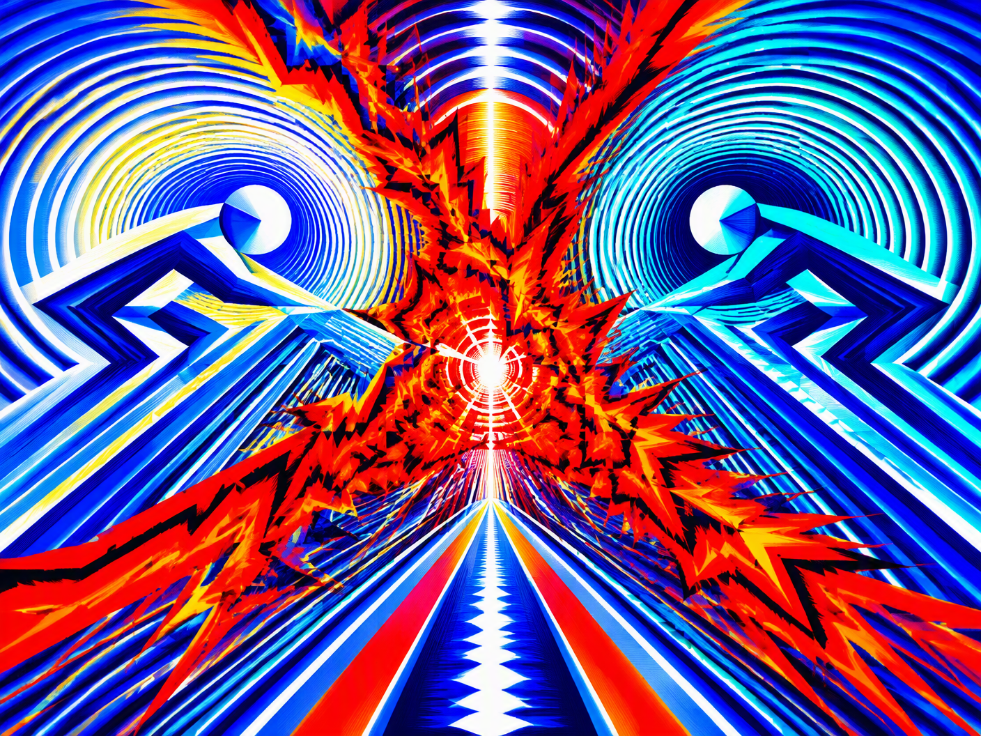 An abstract chromatic op art image with concentric vibrant circles and sharp angular lines in blue and white symbolizing two cyclists locked in competition, interrupted by jagged red and orange shapes representing a sudden collision, conveying the emotional and physical tension of Laurent Fignon’s final victory overshadowed by a drunken tow truck crash.