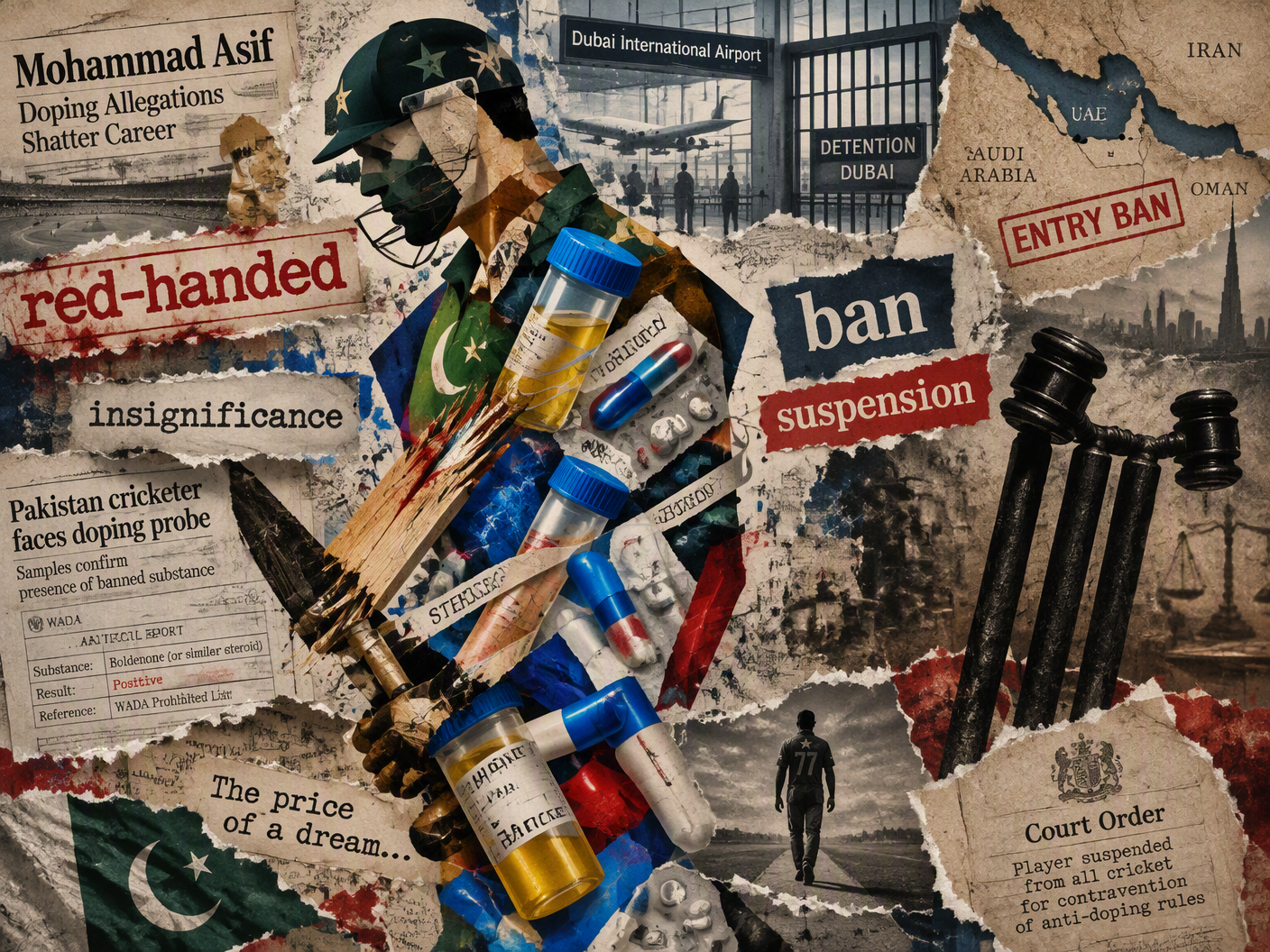 Abstract surrealist collage showing fragmented shapes of a cricketer made of cricket gear, steroid pills, airport architecture, barred gates, fragmented maps, and judicial gavels, symbolizing Mohammad Asif’s doping allegations, Dubai detention, and multiple bans.
