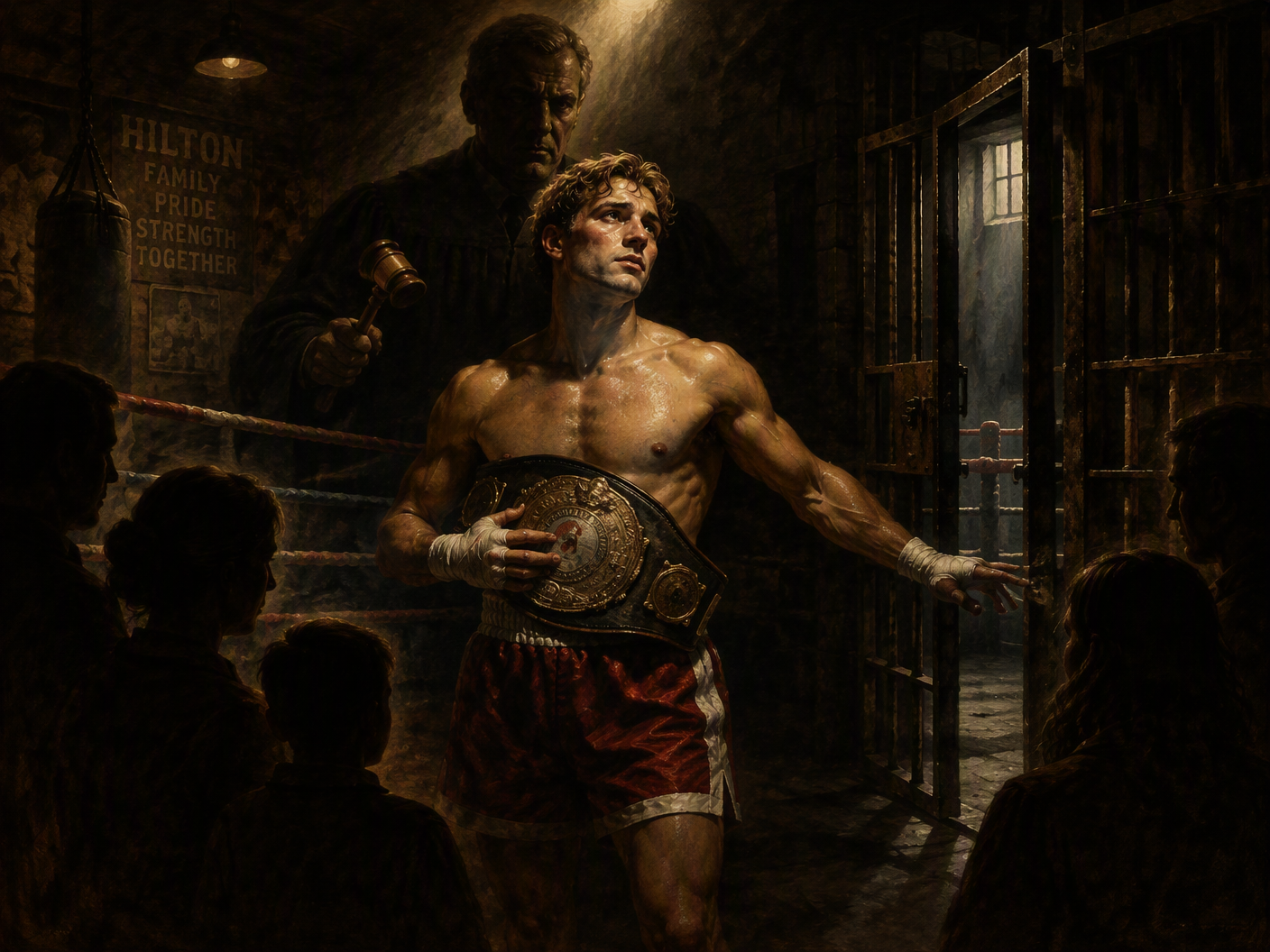 Baroque style painting of a young boxer holding a championship belt illuminated by dramatic light, shadowy figures of a judge and prison cage behind him, with obscured family silhouettes witnessing, symbolizing the tragic duality of Alex Hilton’s boxing success and criminal convictions.