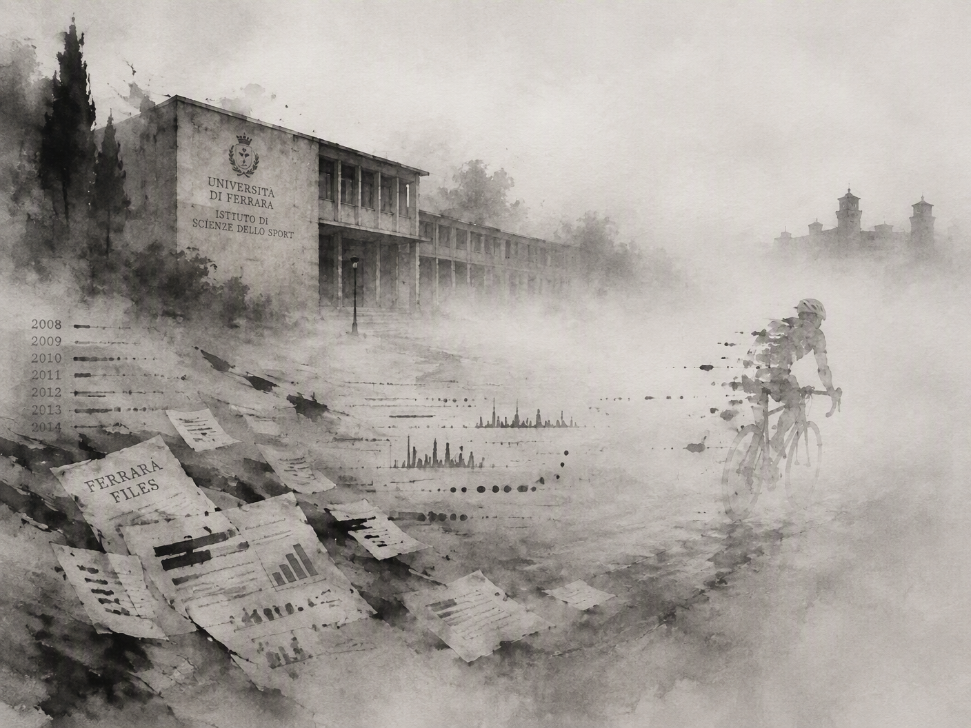 Ink wash expressionist image of a misty, empty university building partially obscured by fog, with a faint, ghostly cyclist figure riding away, surrounded by dissolving calligraphic marks representing scattered data and documents.