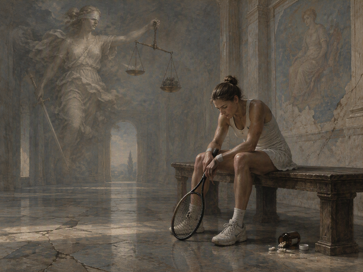 A solitary female tennis player sits wearily on a bench in a dim, classical hall. Above her floats a blindfolded figure of justice holding uneven scales. Nearby, spilled medicine capsules suggest the source of her doping case. The muted colors and desolate setting express psychological solitude and imposed punishment.