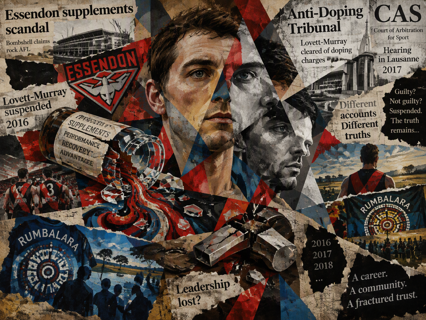 Cubist collage of Nathan Lovett-Murray with fragmented football symbols and torn newspaper texts depicting his 2016 suspension amid the Essendon doping scandal, using fractured planes and muted earth tones with red and blue highlights.