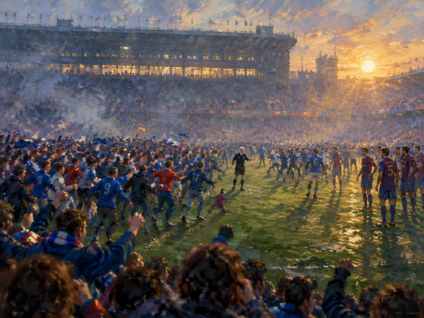 Impressionistic painting of Rangers fans invading the football pitch at Camp Nou during the 1972 European Cup Winners' Cup final, with blurred figures and soft light capturing the tension and atmosphere of the interrupted match.