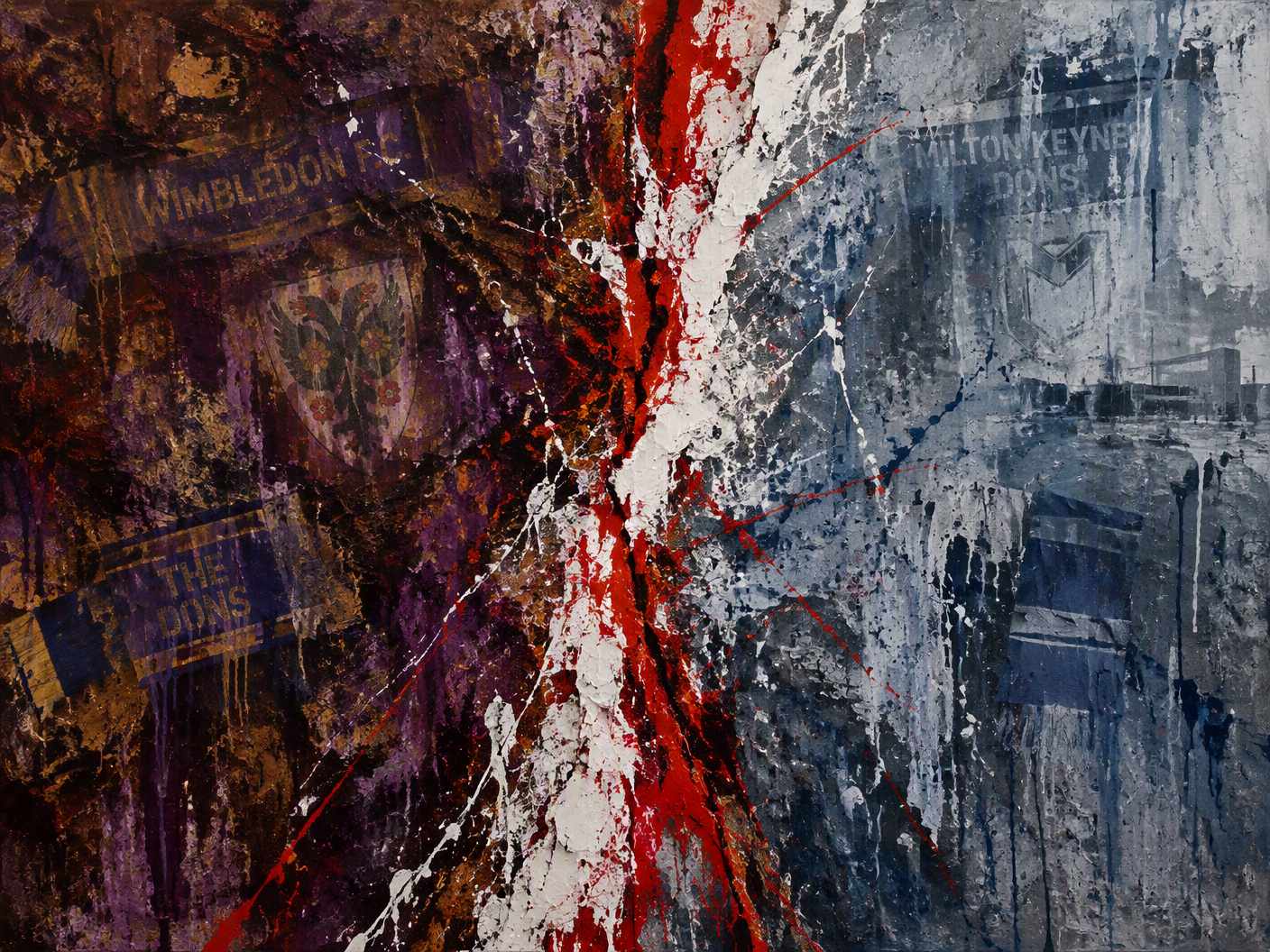 Abstract expressionist painting with raw textures and poured paint. Left side shows heavy purple-brown tones; right side cold gray-blue. Jagged white-red scar splits canvas symbolizing rupture. Ghostly impressions of football scarves fade beneath layers, expressing conflict and lost roots.
