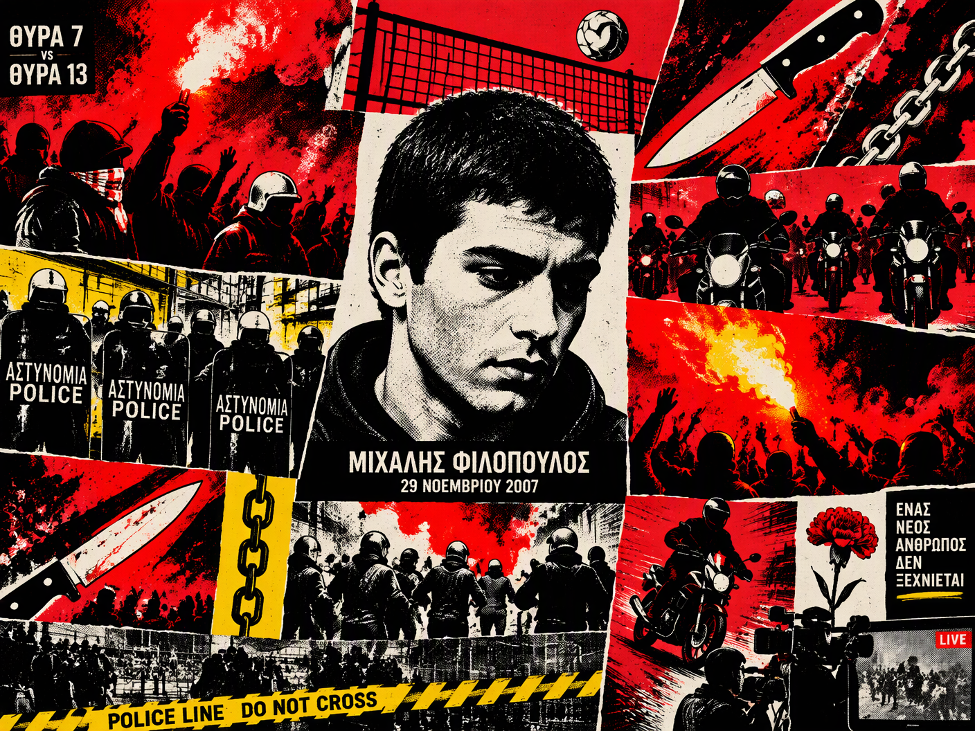 Pop art style image showing repeated panels of a young man’s portrait surrounded by graphic symbols of knives, flares, motorbikes, and crowd silhouettes against a black, red, and white background evoking violence and mourning after the 2007 deadly sports fan clash in Greece.