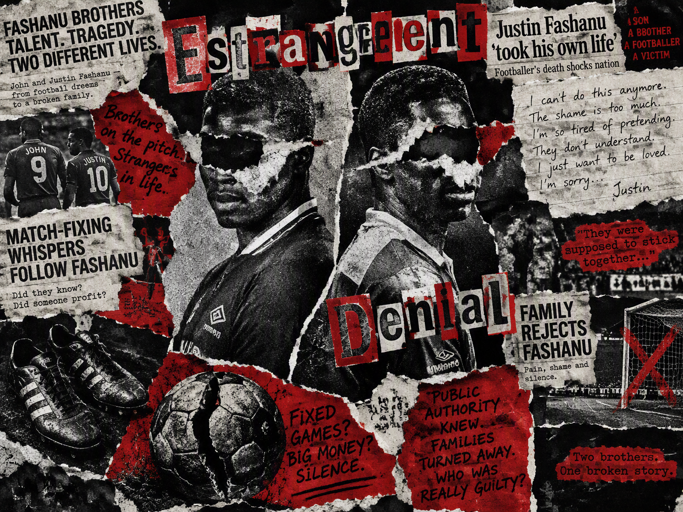 A torn photocopy collage of two male footballers back-to-back with ransom letter text reading 'Estrangement' and 'Denial'; jagged paper edges, blood red accents, and fragmented football images symbolize the broken relationship and unresolved grief between John and Justin Fashanu.